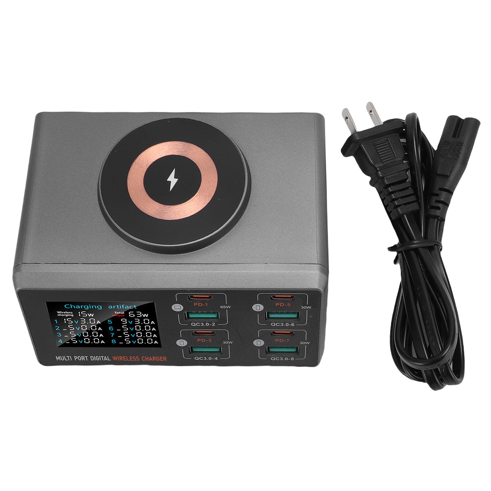 Wieloportowa Stacja ładująca, ładowarka 65 W z Wyświetlaczem LCD, Ultraszybka Bezprzewodowa ładowarka PD z 9 Portami do Pokoju W Akademiku Domowego Biura (wtyczka UE)