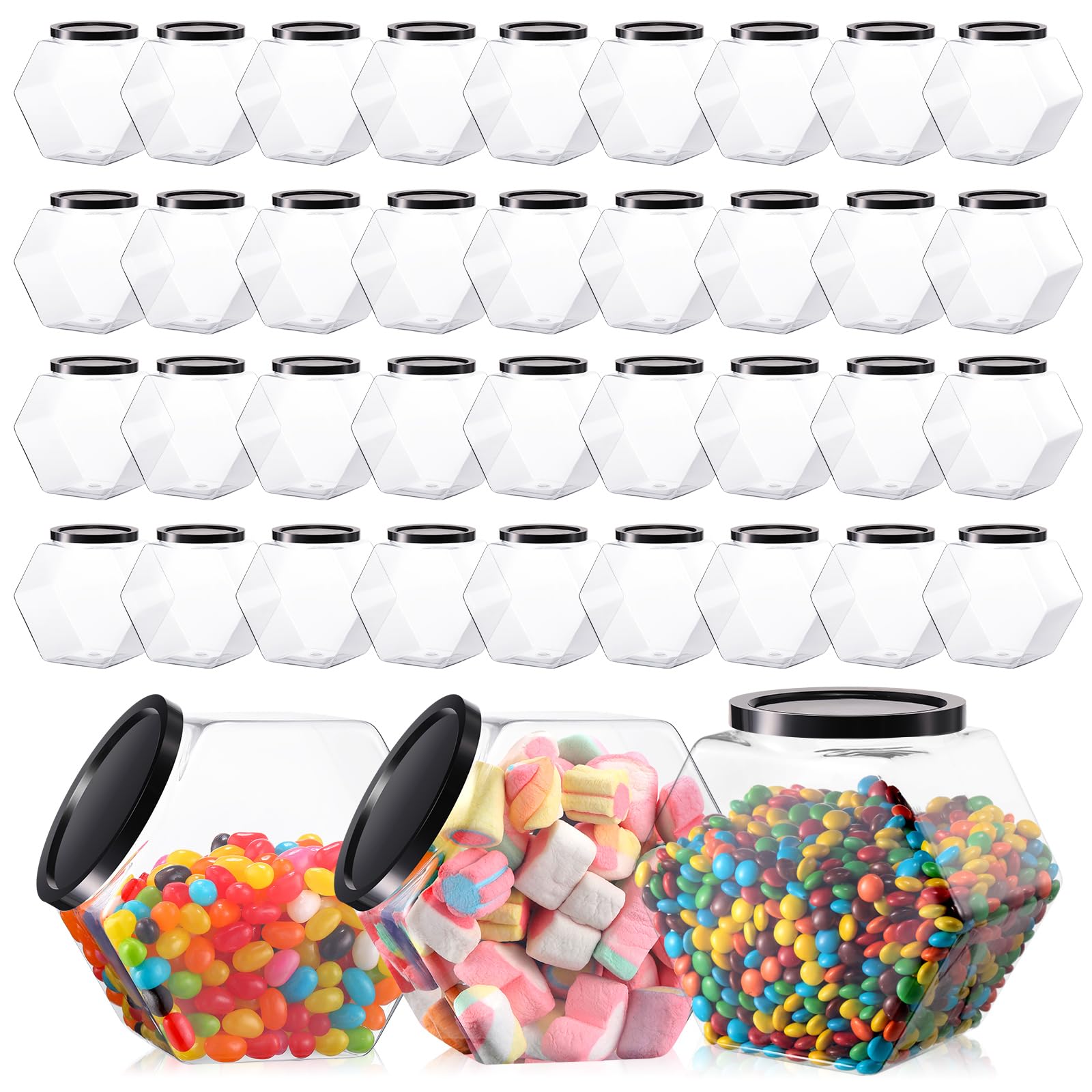 Bokon 36 Pcs Plastic Candy Jars with Lids, 30 oz Clear Hexagon Cookie Jars Bulk, Wide Mouth Treat Storage Boxes for Dry Food, Snacks, Candy Buffet, Paper Stars, Gifts, Wedding Party Favor Containers