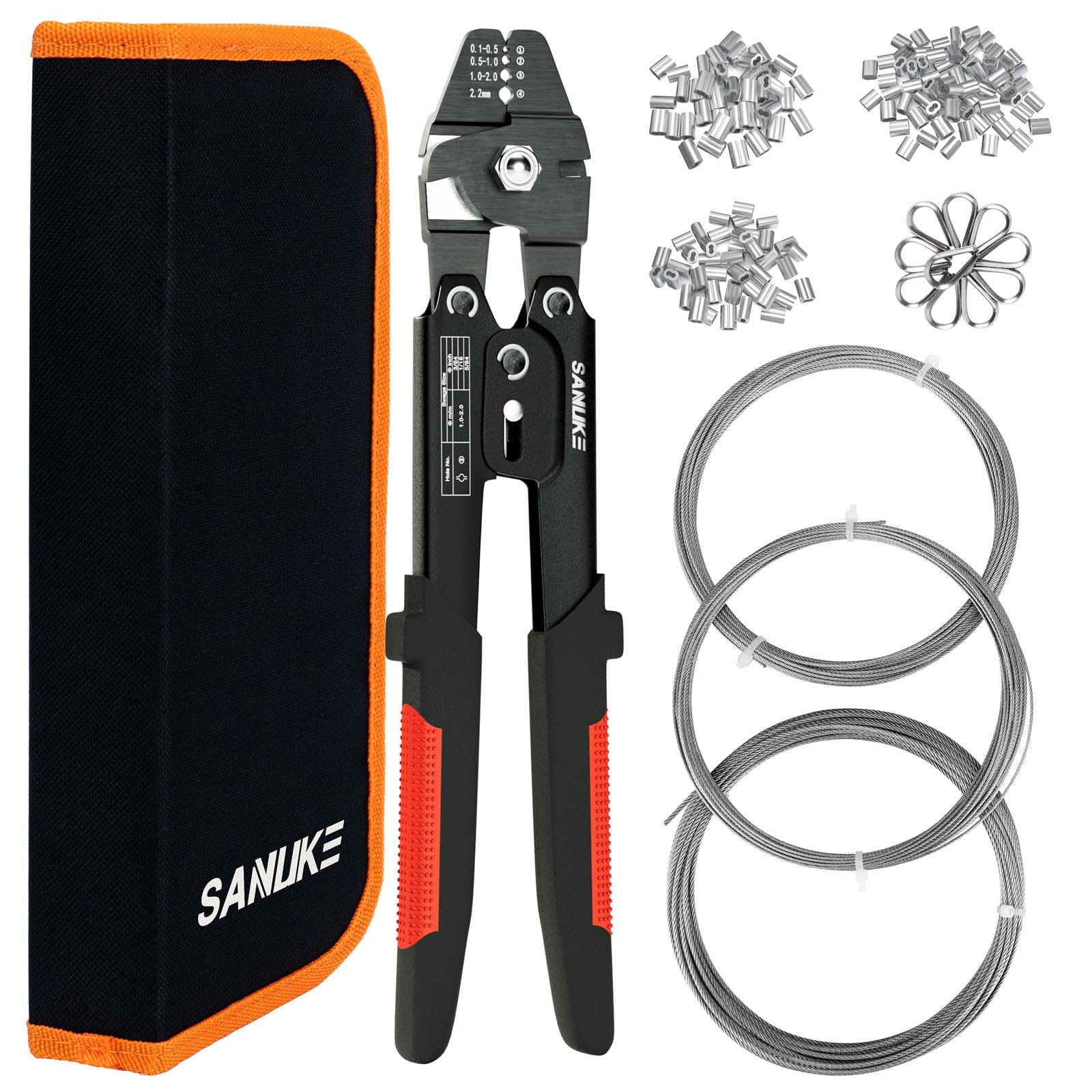 Sanuke Wire Rope Crimping Tool for 3/64 5/64 1/16 Wire Rope with 3 Sizes Stainless Steel Cable, 150pcs Crimping Loop Sleeves, 10pcs Thimbles and A Portable Bag