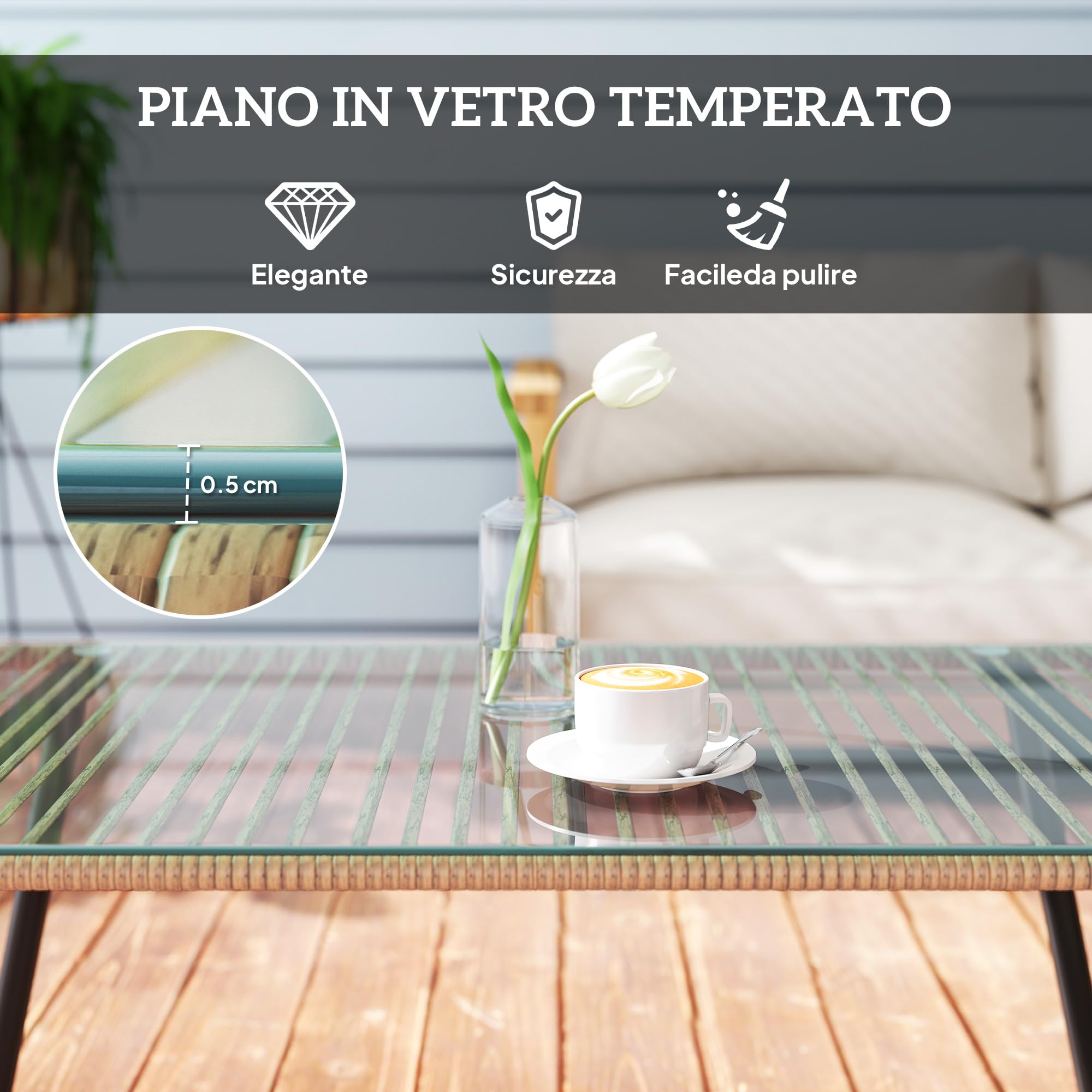 Outsunny Tavolino da Giardino in Rattan PE con Piano in Vetro, Tavolo da Caffè Rettangolare per Esterni ed Interni, 110x60x40 cm, Legno Naturale