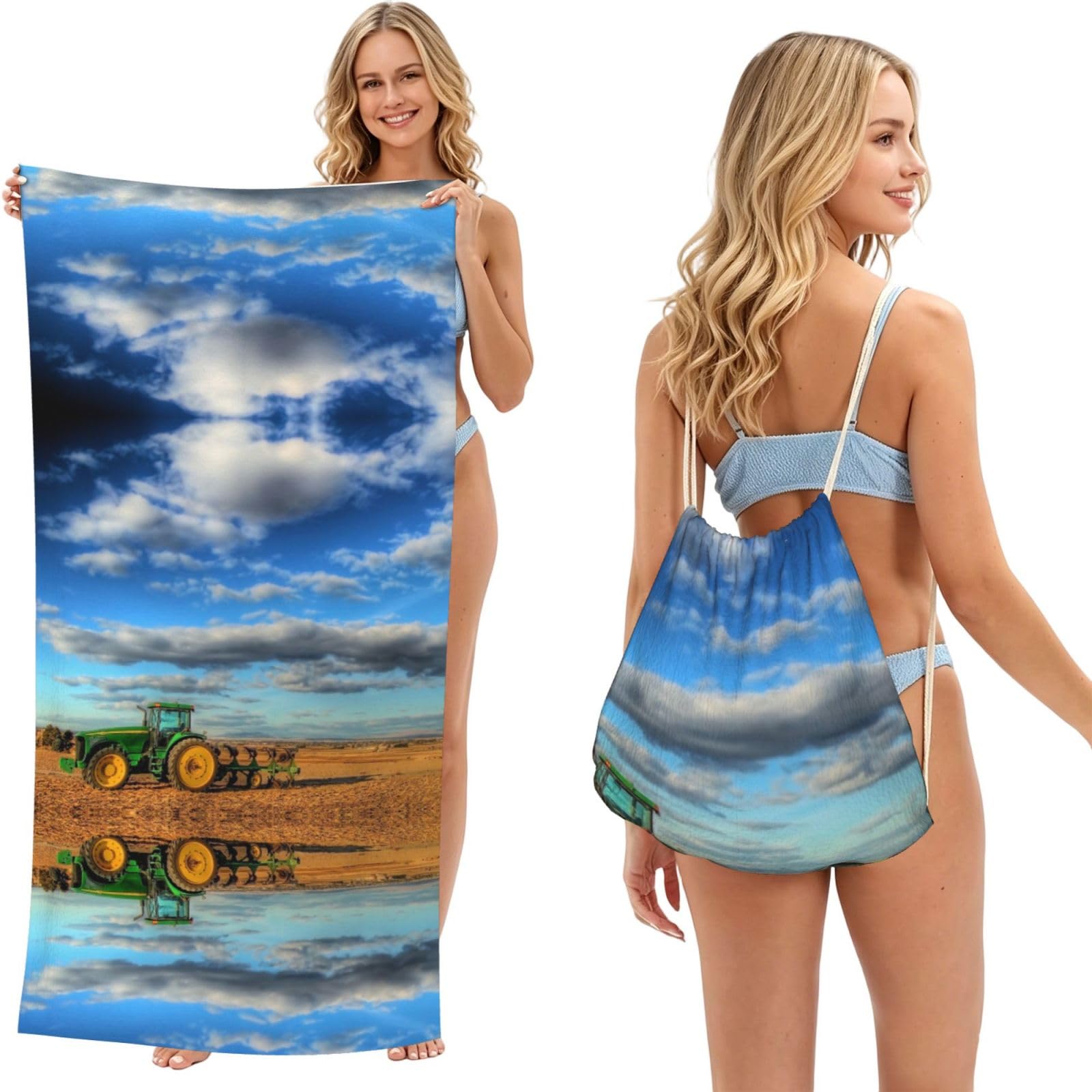 Ezdlowvba Black Fantasy Farm Tractor Print Beach Towel Backpack 2 In 1 Summer Large Lightweight Beach Towel - Multifunctional Ship Pattern Towel Bag For Storage,Sport