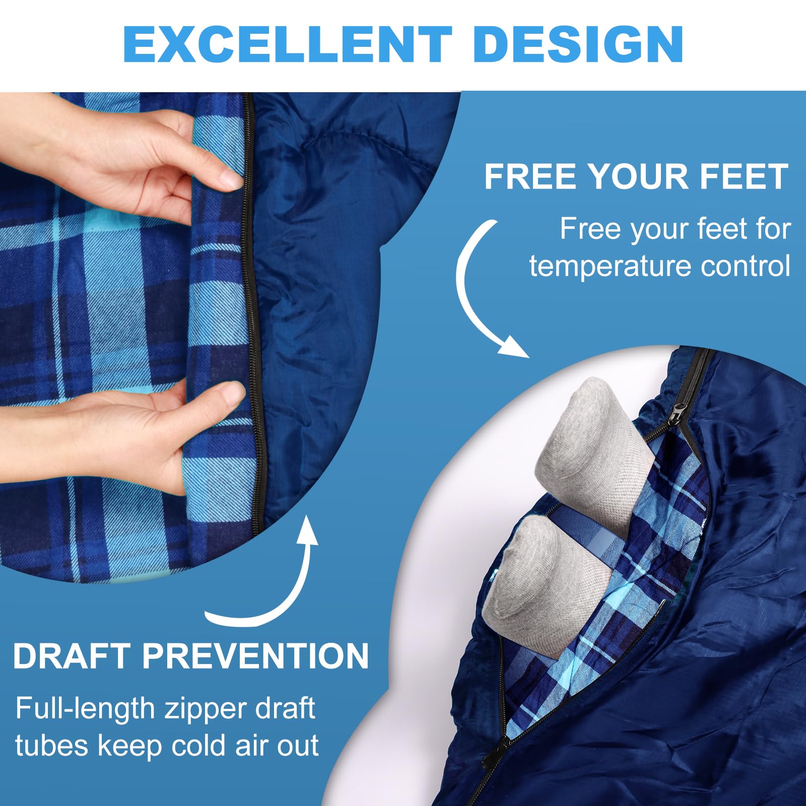 Double Sleeping Bag for Adults Camping, XL Queen Size 2 Person Cotton Flannel Sleeping Bags for All Season Hiking Backpacking, Lightweight Waterproof for Cold Weather & Warm