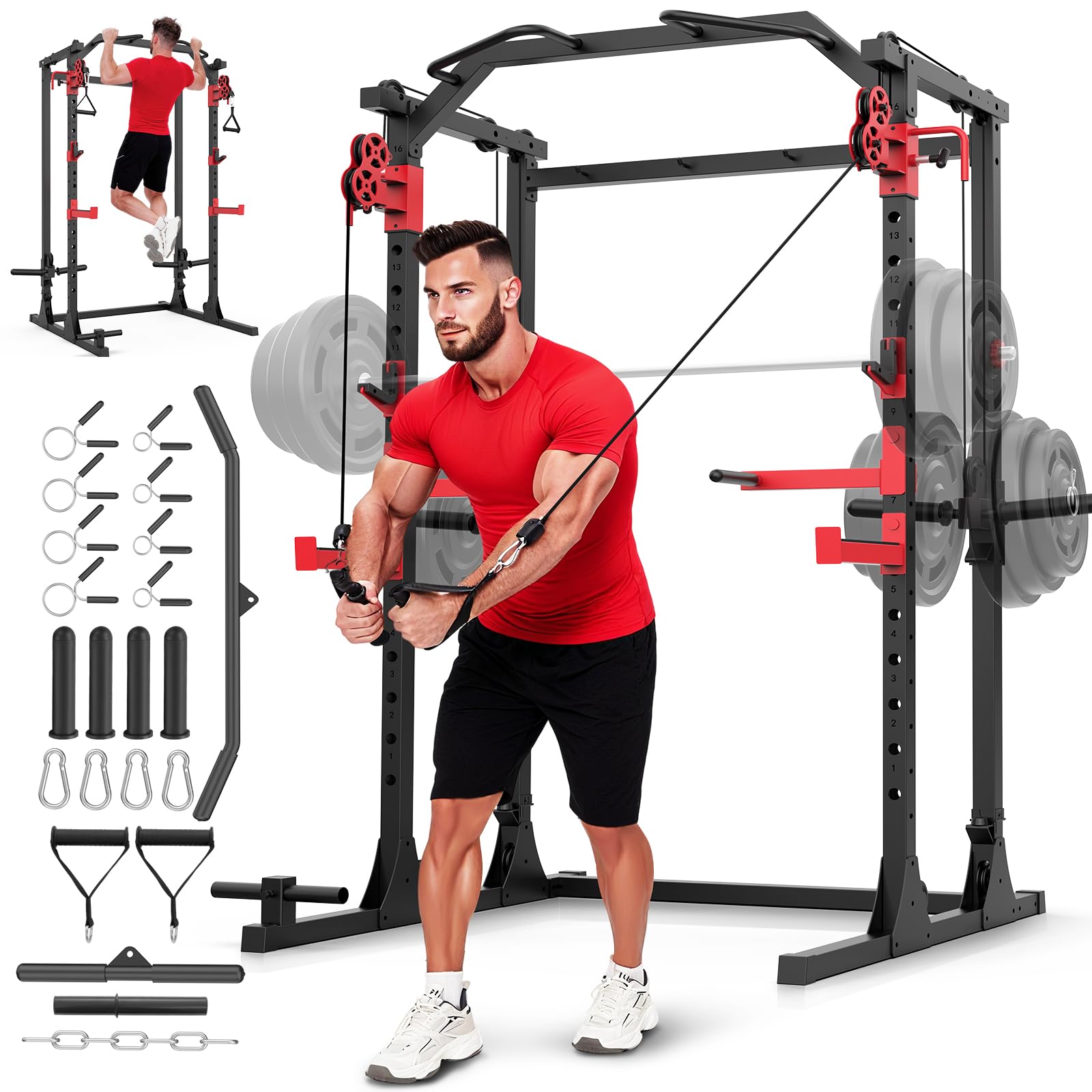 OPPSDECOR Power Cage, 2000LBS Squat Rack with Dual Pulley Cable Crossover System, Multifunctional Power Rack with More Training Attachments for Home Gym, Weight Cage Fits Compact Space