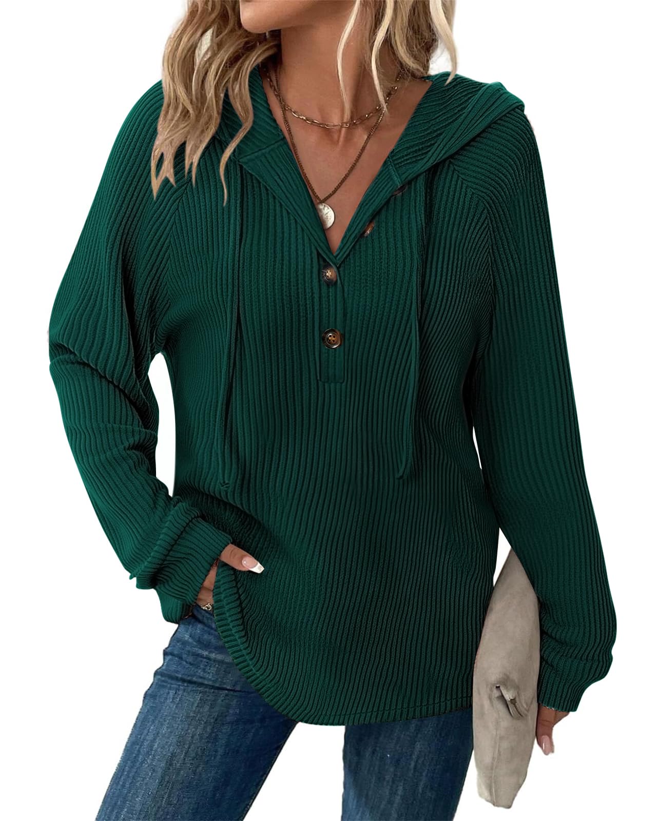 Tanmolo Pullover Damen Hoodie V-Ausschnitt Kapuzenpullover Knopfleiste Leichter Strickpullover Langarm Sweatshirt Tops