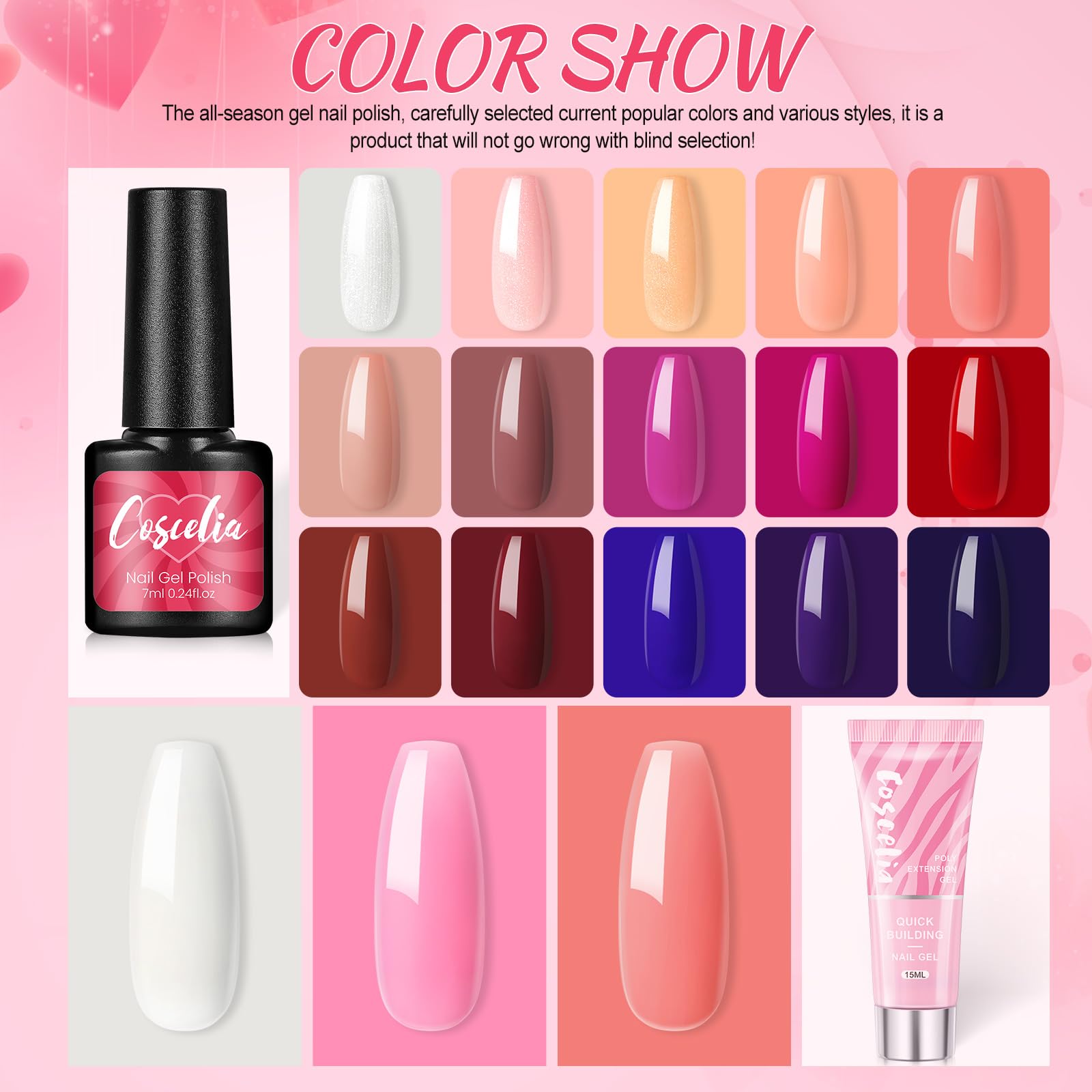 COSCELIA Zestaw lakierów do paznokci, 15 sztuk, żelowy lakier do paznokci z lampą 36 W U V/LED, 3 szt. Poly Nail Extension Gel, wiertarka do paznokci maszyna Top & Base Coat Nail Art dla