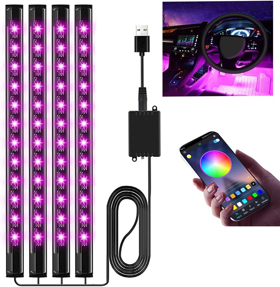 Interior Car Lights, Car LED Strip Light with APP Controller, 4pcs 48