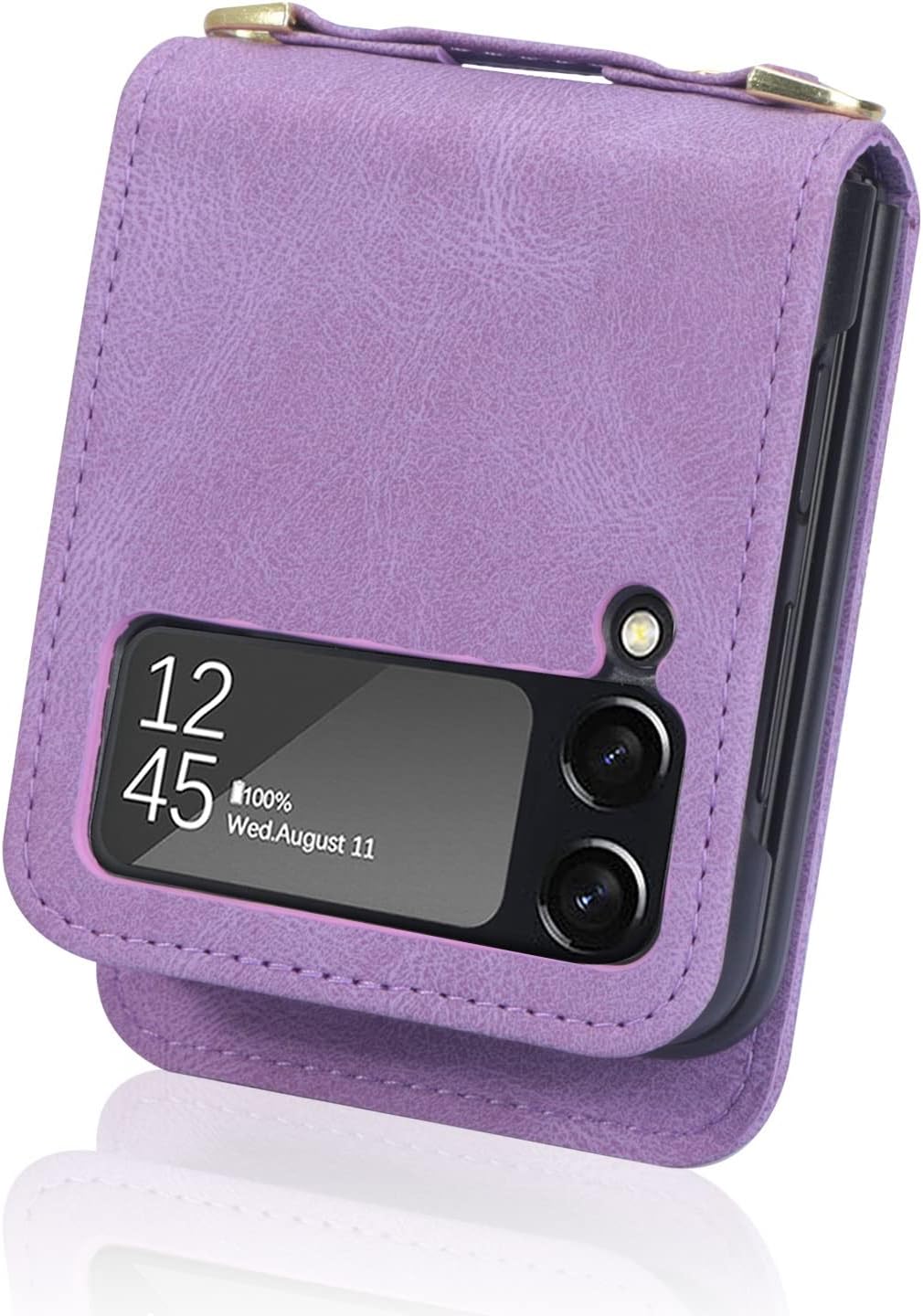 for Samsung Z Flip 4 5G Case, Galaxy, Leather Wallet Card, Folding Cover Anti-Scratch Shockproof Protective with Adjustable Cross-Body Strap(Purple) image 4