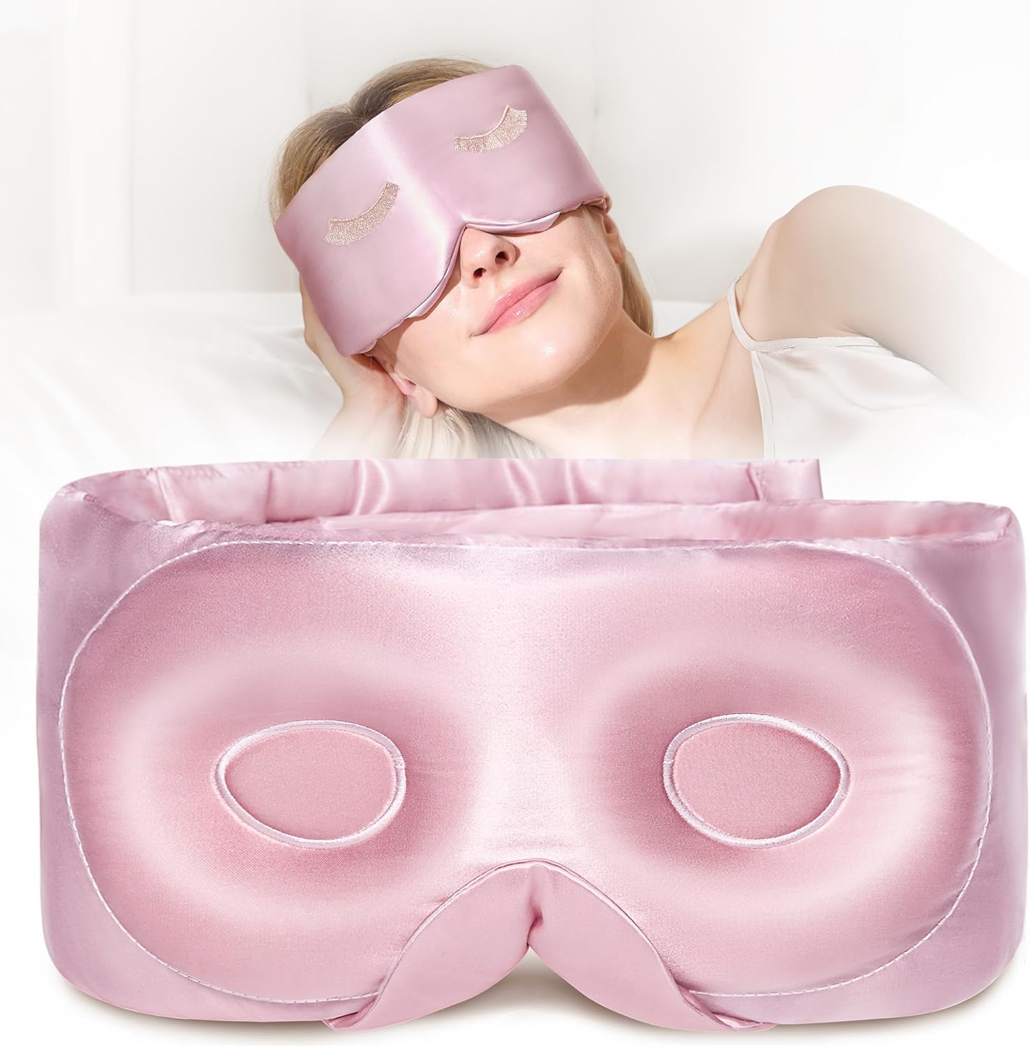 BeeVines 100% Pure Silk 3D Contoured Eye Mask, 22 Momme Mulberry Sleep Mask for Men & Women, Large Size Blindfold for Lash Extensions, Face-Hugging Eye Masks for Sleeping, Travel & Yoga