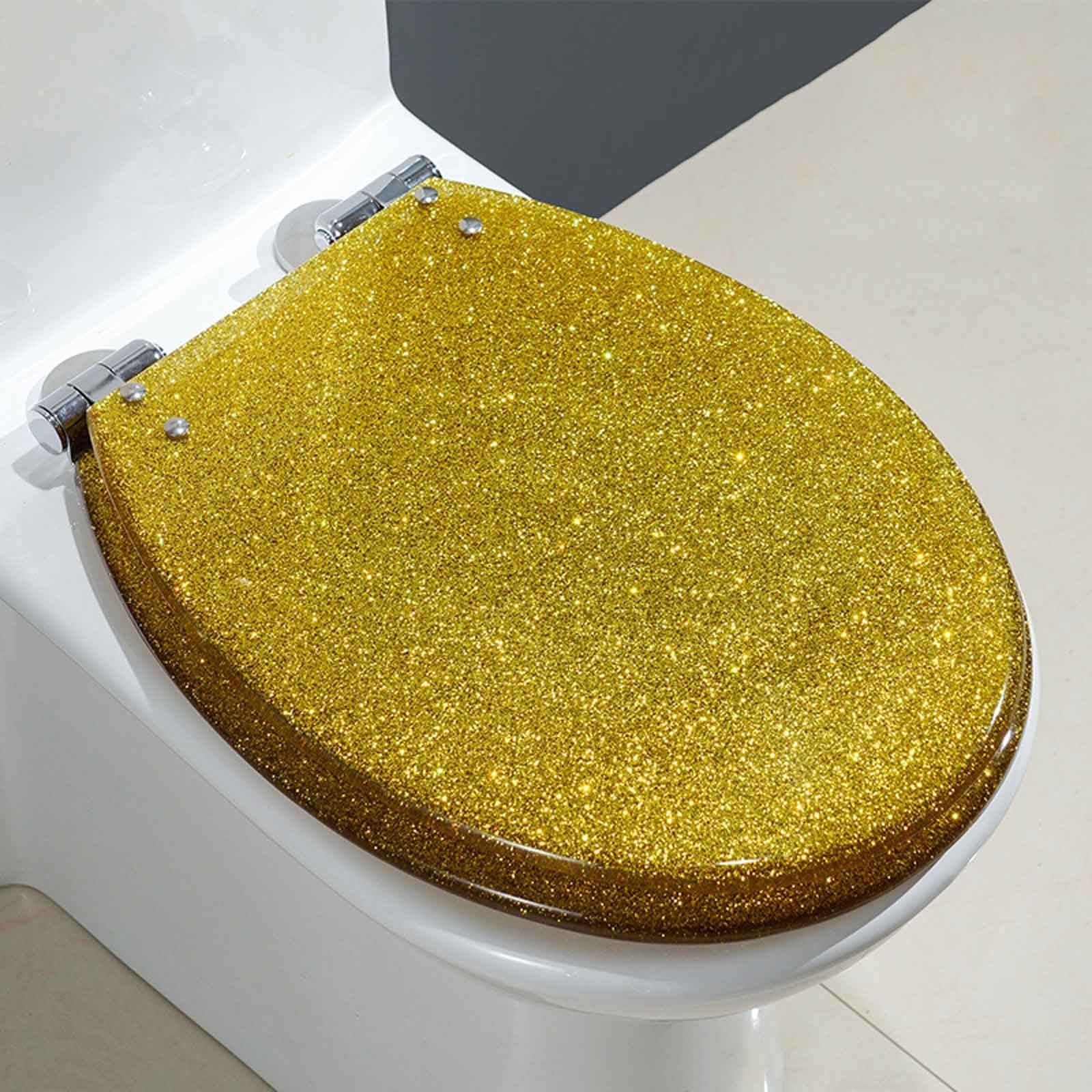WC-Sitz Heavy Duty Glitzer-Toilettensitz Soft Close mit Schnellverschluss, Einfache Befestigung Oben/unten, Klobrille Harzmaterial(Gold)
