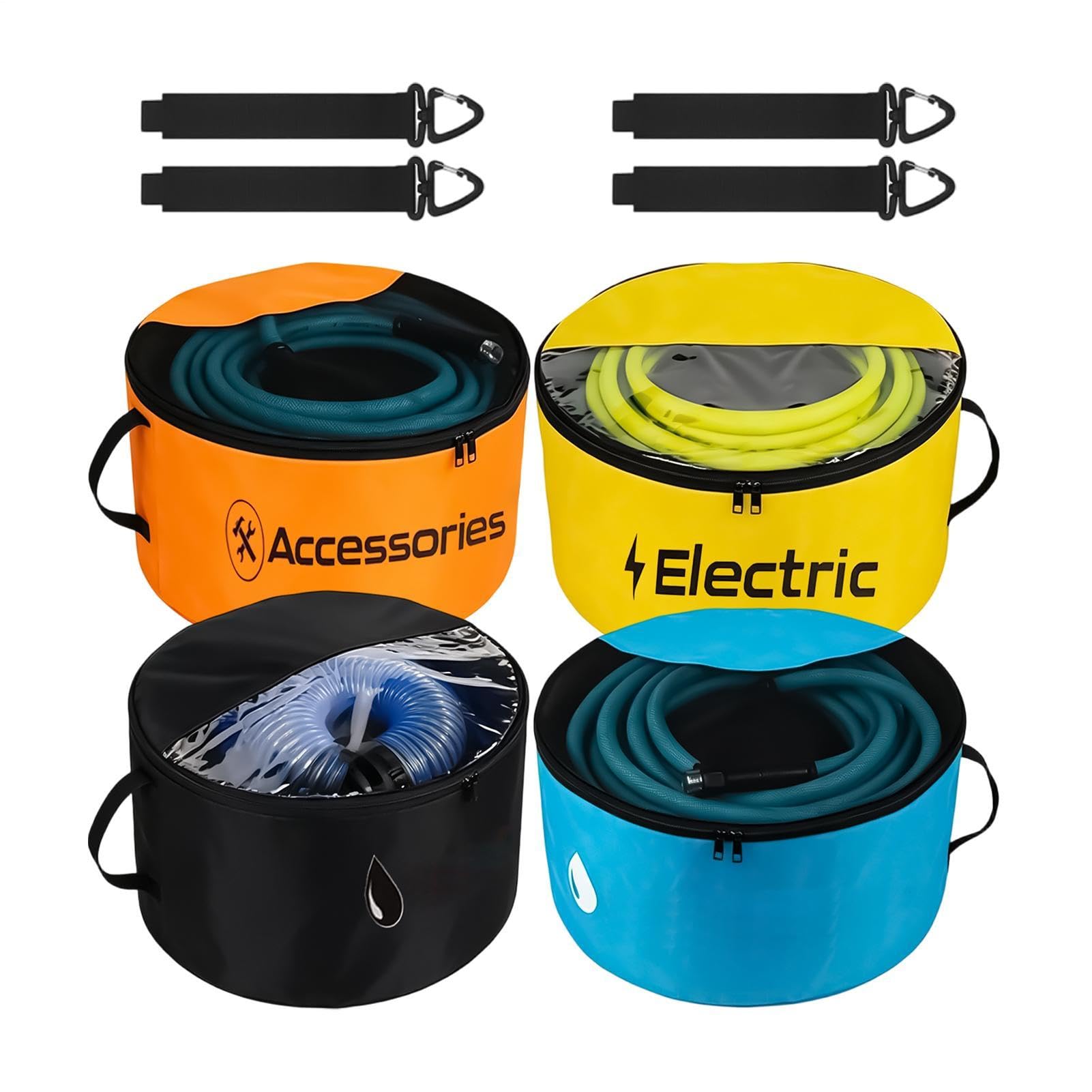 Sacca Portatubo da Camper 4 Pezzi Organizer Impermeabile | Borsa Per Tubo Di Scarico Con Chiusure A Cerniera A Due Vie E Copertura Trasparente per Cavo Elettrico, Campeggio, Giardino,