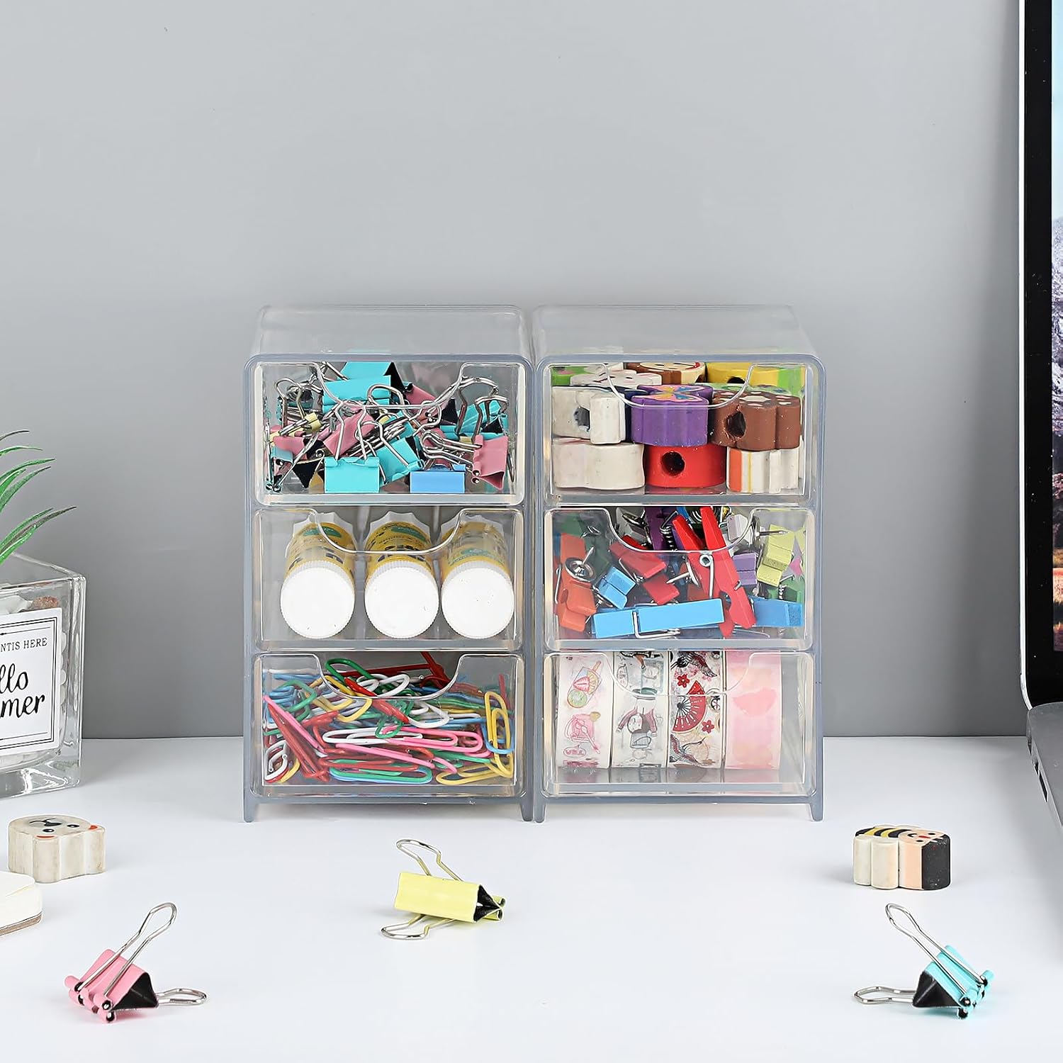 Hipiwe 2 Packs Acrylic Desk Organizer with 3 Drawers Small Display Organizer for Makeup Cotton Swabs Jewelry Clear Qtip Storage Box for Living Room Bathroom Office