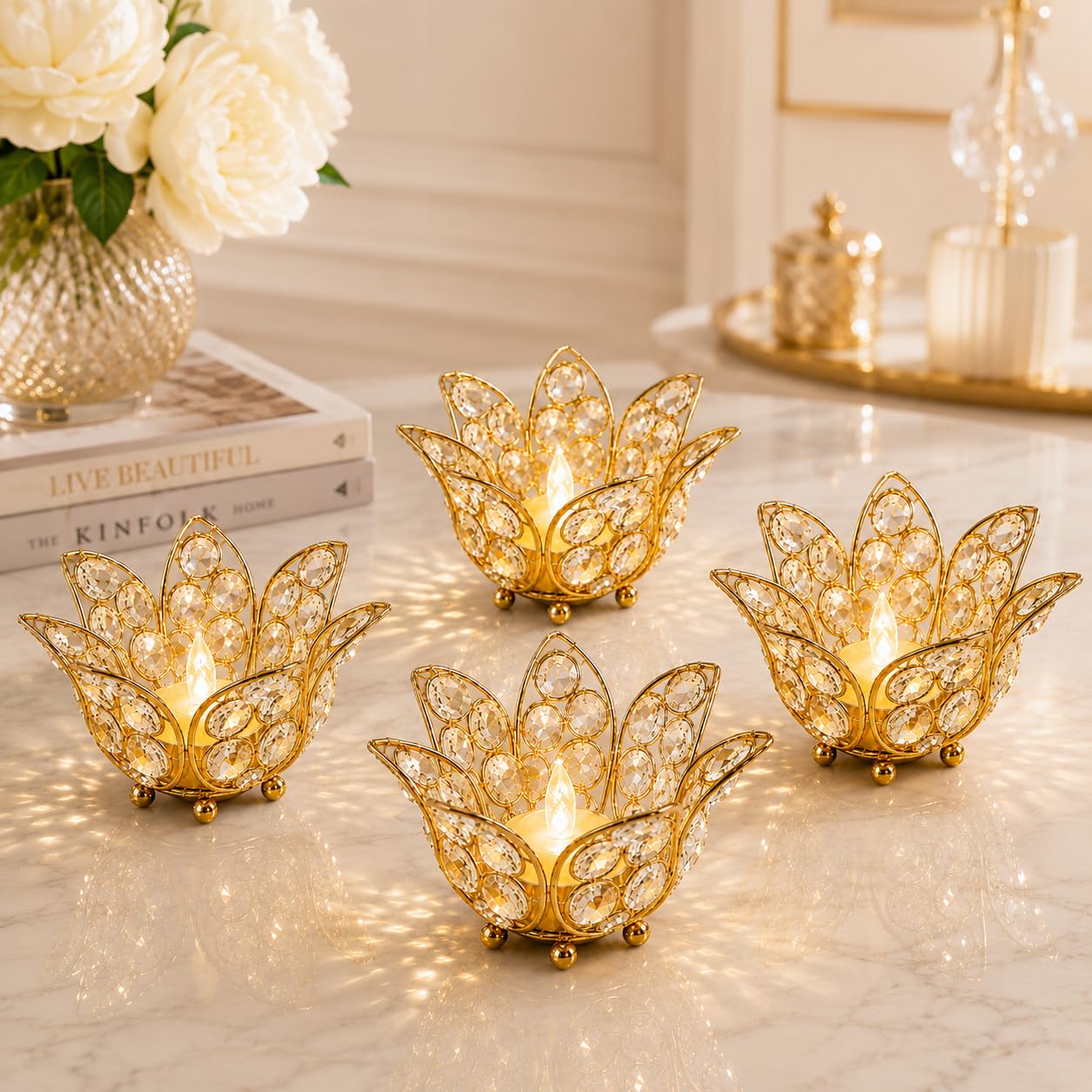 CentraLit Gold Lotus Crystal Decorative Items for Home Decor Living Room Table Decor Showpiece for Home Decor, Wedding Gift, House Warming Gift, Diwali Decoration Jyot, Tealight Candle Holder Set of 4-image-42