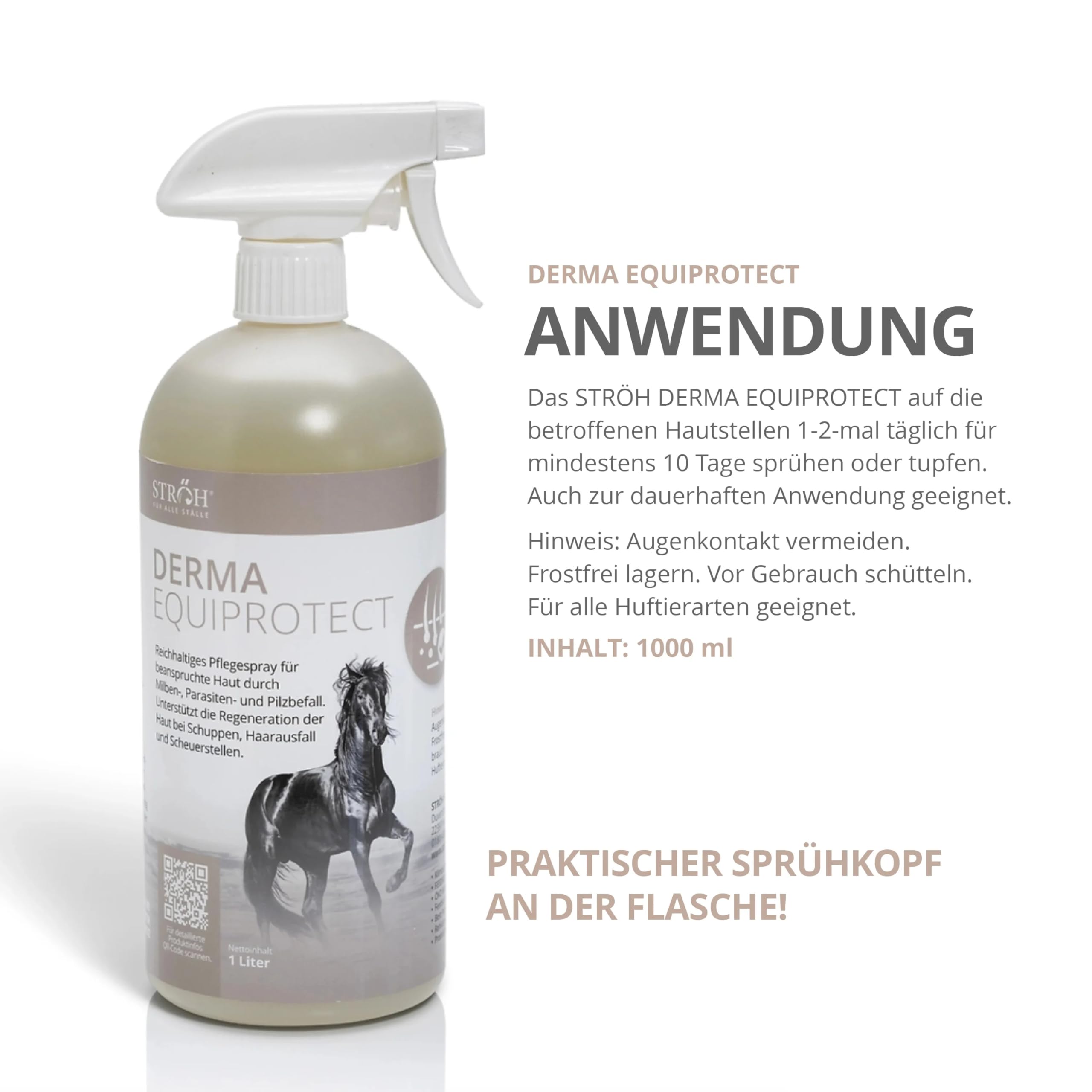STRÖH Derma EquiProtect (1L) • Anti Juckreiz Spray für Pferde mit Lebermoosextrakt, Niemöl und Lavendelöl • Natürliche Hautpflege bei Ekzem, Mauke, Hautpilz- & Milbenbefall • Ohne Tierversuche