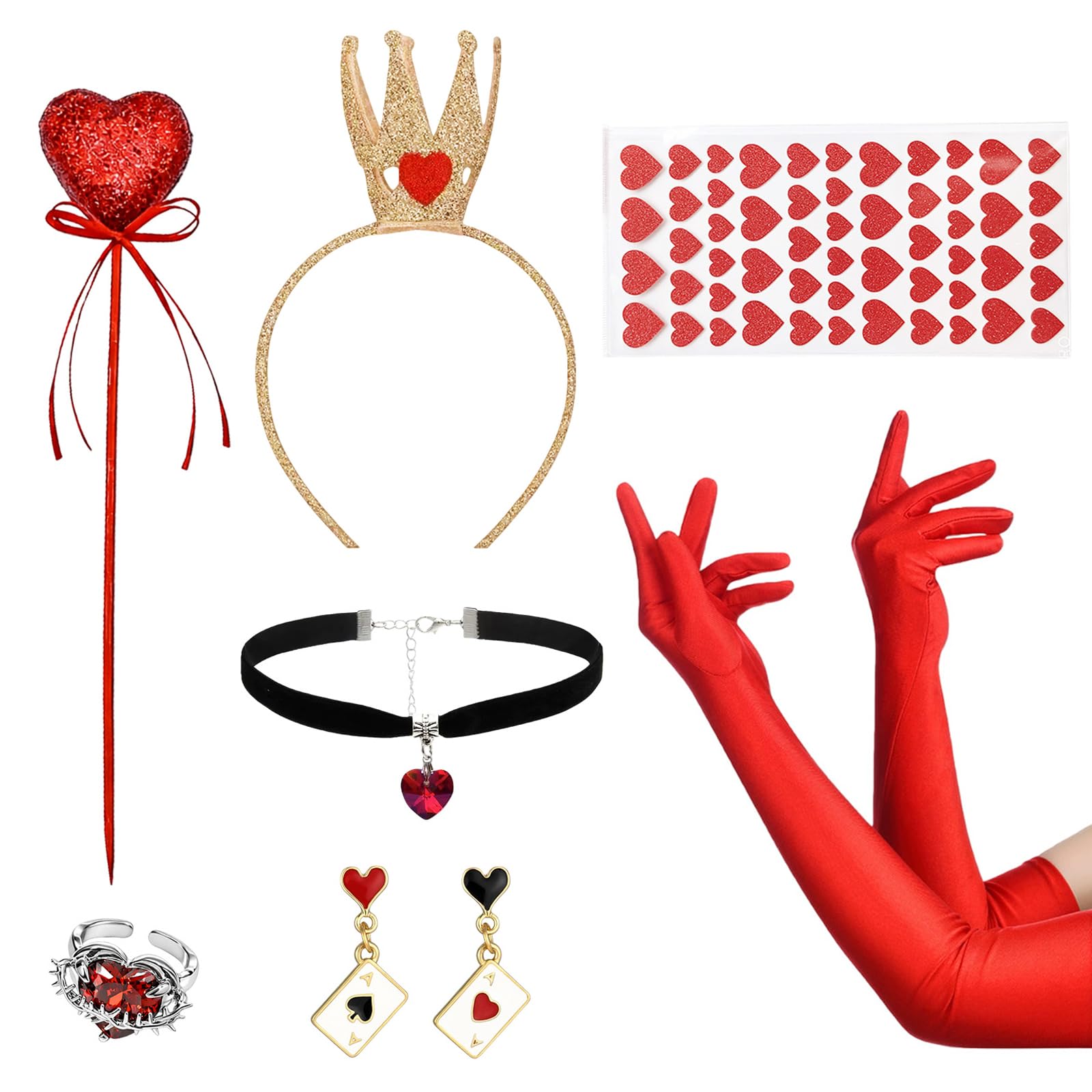 Atomvia 7 Pcs Red Heart Royal Costume Accessories Set-Crown, Gloves, Earrings, Necklace, Wand
