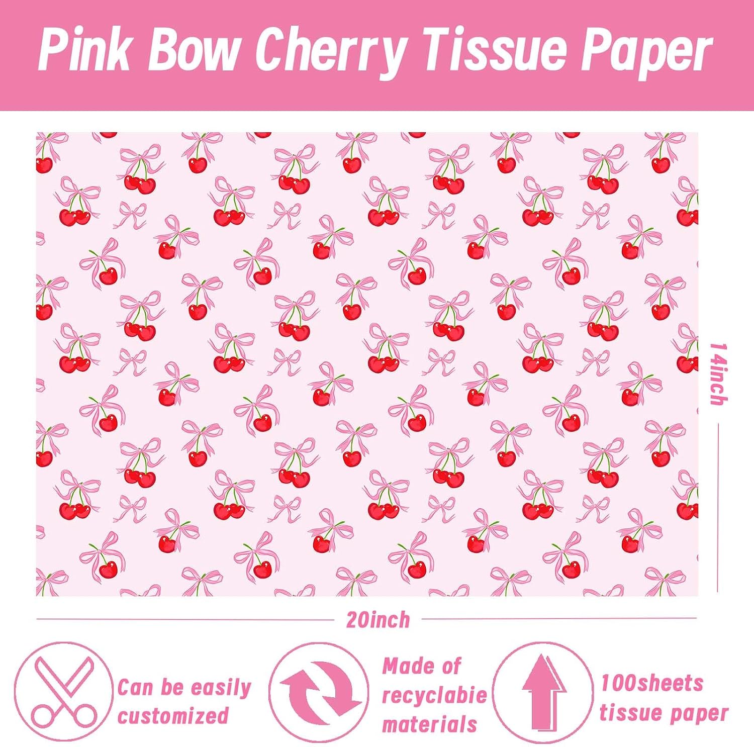100Pcs Pink Bow Cherry Tissue Paper Sweet Bowknots Red Cherry Printed Tissue Paper for Birthday Party Bags DIY Craft