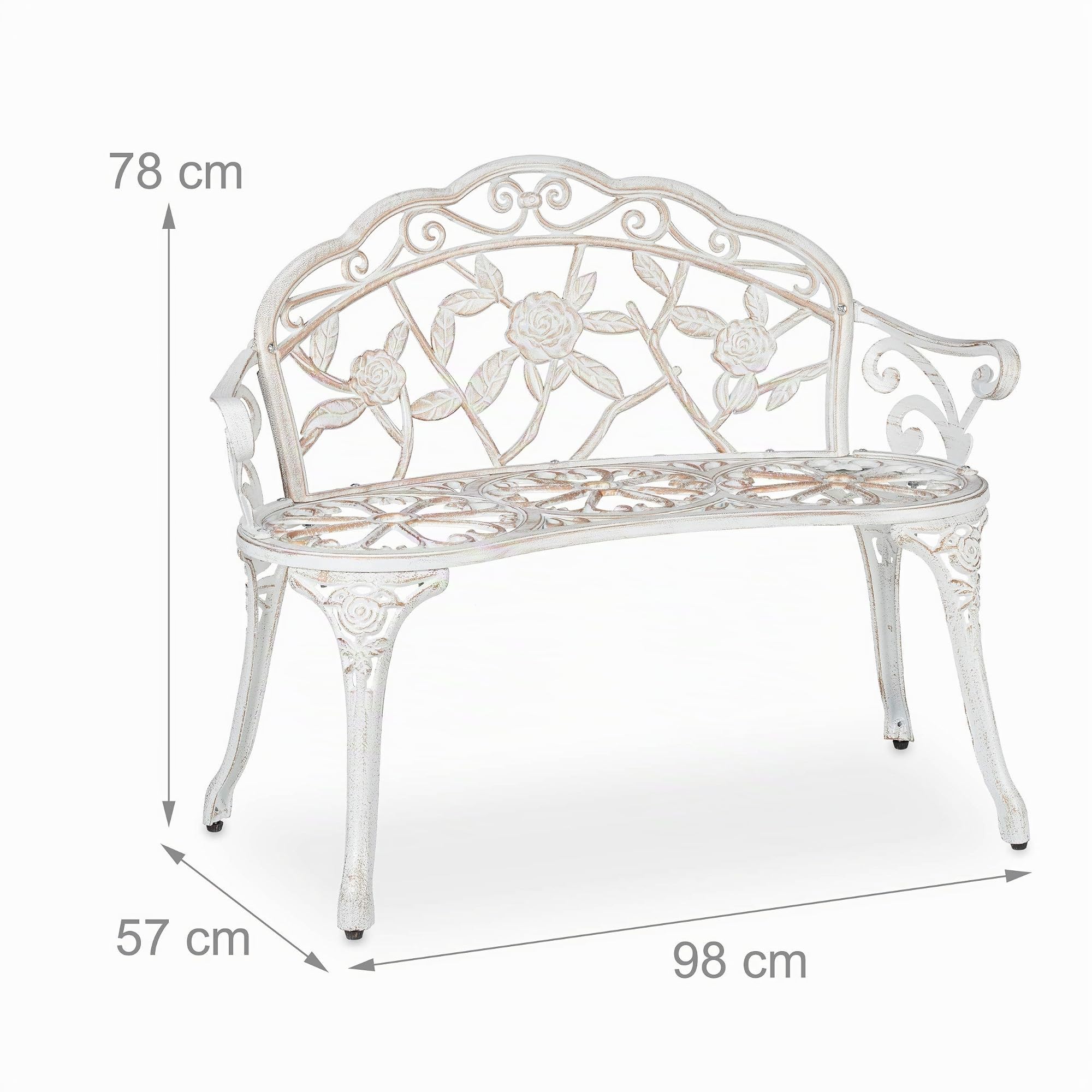 Relaxdays Banc de Jardin, 2 sièges, Roses, terrasse, Balcon, Aluminium et Fonte, Antique, 78 x 98 x 57 cm, Blanc/Bronze