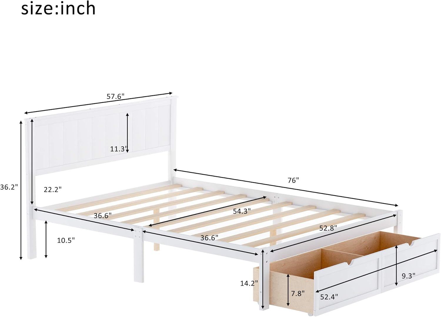 Full Size Platform Bed with Under-Bed Drawers, White