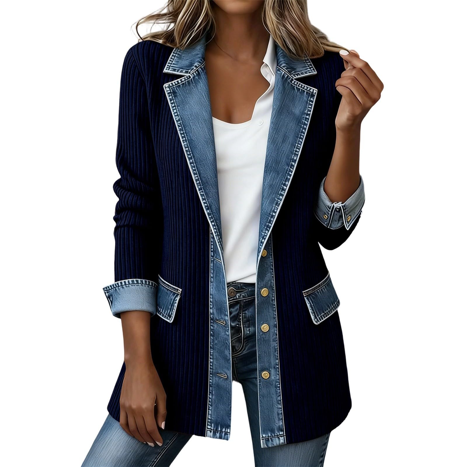 Generico Cardigan da Donna in Denim Patchwork con Colletto Jeans A Risvolto A Contrasto Cappotto Lungo in Maglia Giacca Primaverile Casual per Tutti I Giorni E Il Tempo Libero