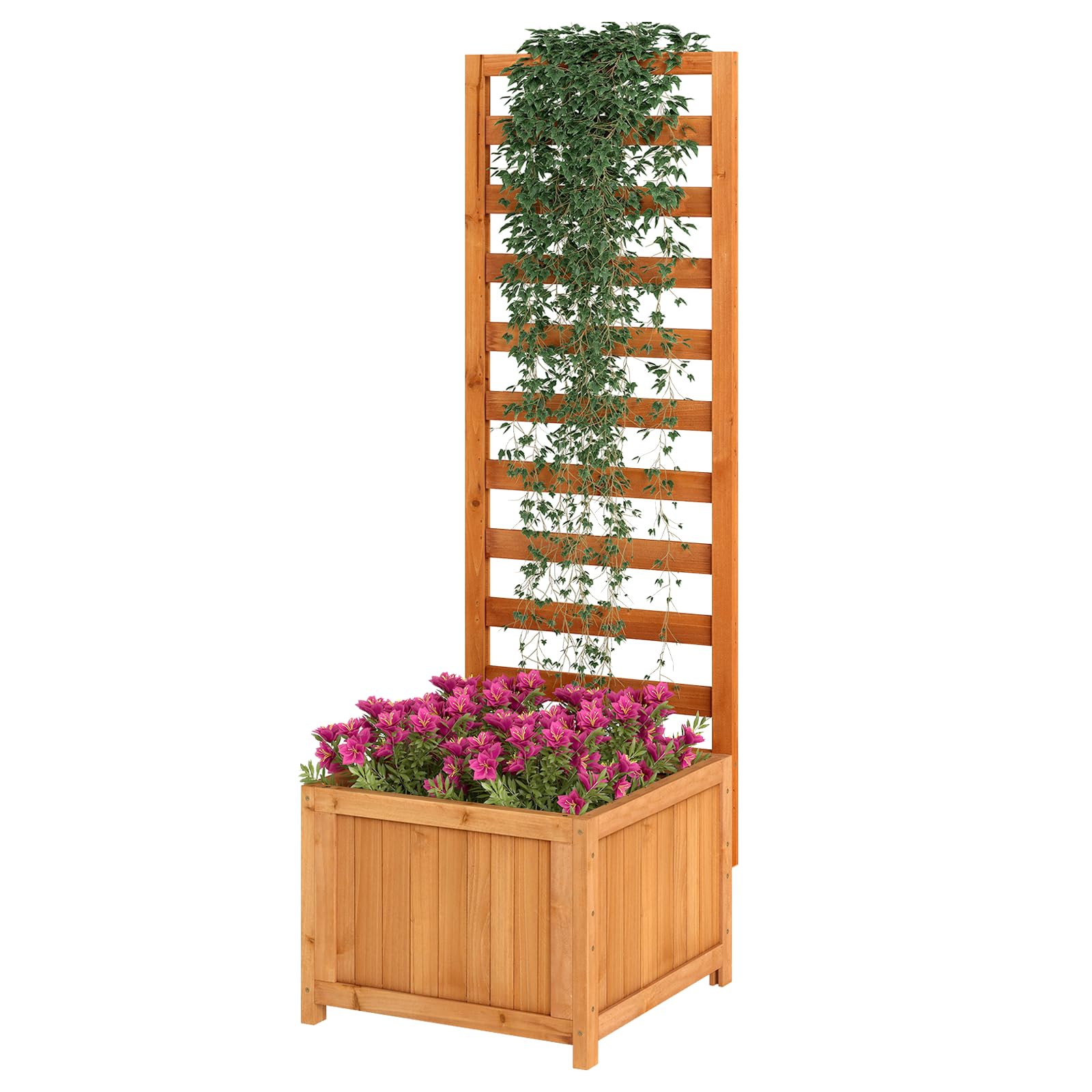 GiantexUK Wooden Garden Planter with Trellis, Freestanding Raised Garden Bed with Drainage Holes, Indoor Outdoor Elevated Planting Box for Climbing Plants Vegetables Herbs (Orange)