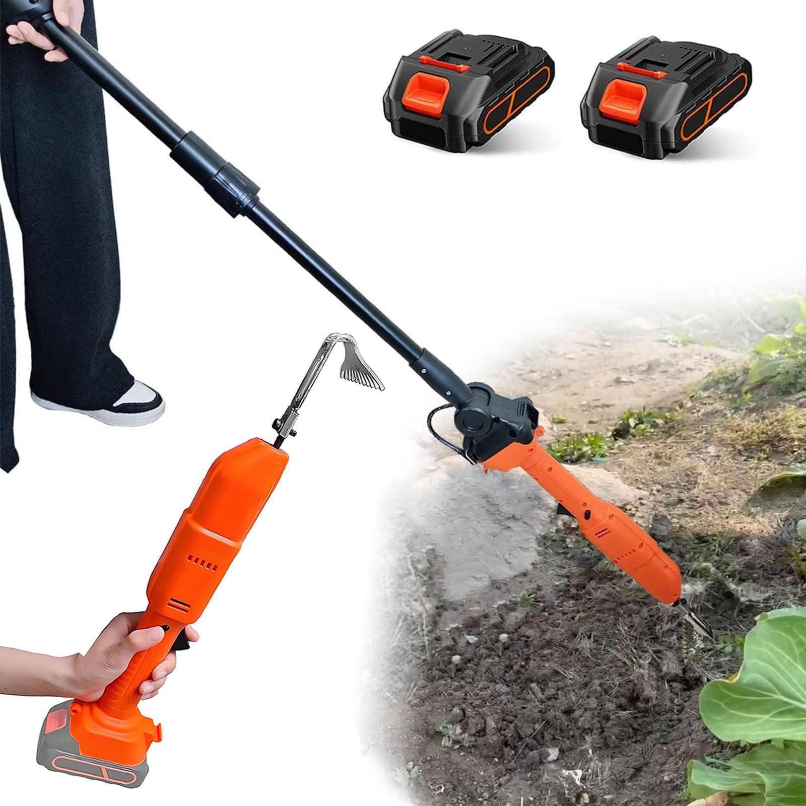 Déserbeur Électrique de Jardin Sans Fil, Cultivateur à Main avec Perche d'Extension et 2 Batteries, Houe Rechargeable Haute Vitesse pour le Desserrage Efficace du Sol