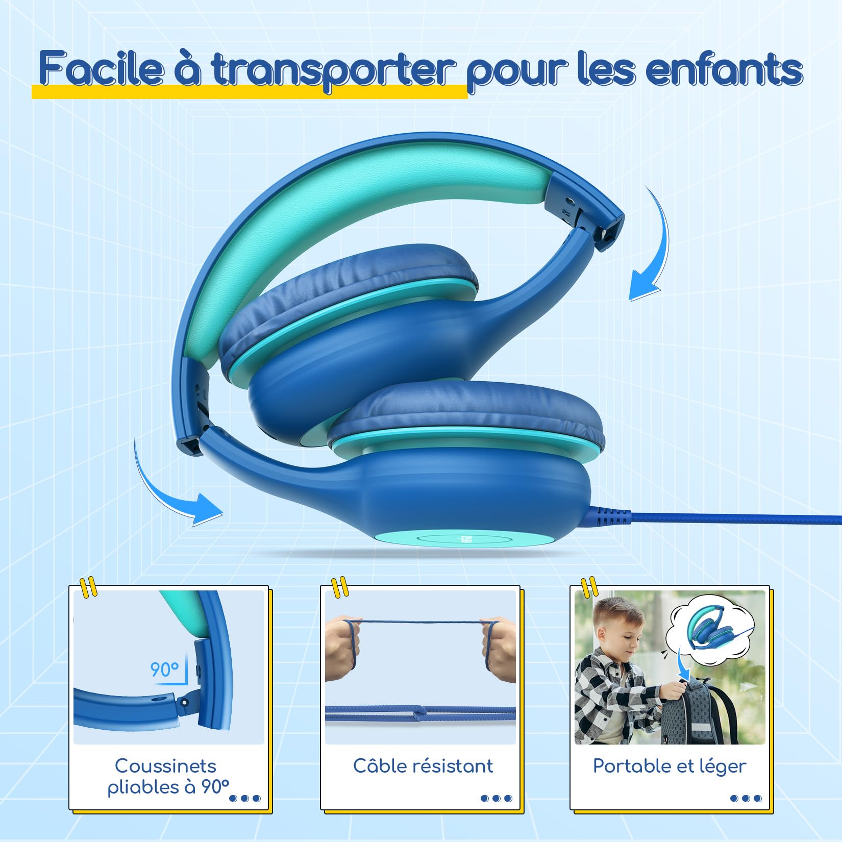 EarFun Casque Audio Enfant Filaire, Limiteur de Volume 85dB, Partage Audio, Pliable et Réglable, Confortable, Jack 3,5 mm, Casque Enfants pour École/Voyage/Téléphone, Bleu-Vert