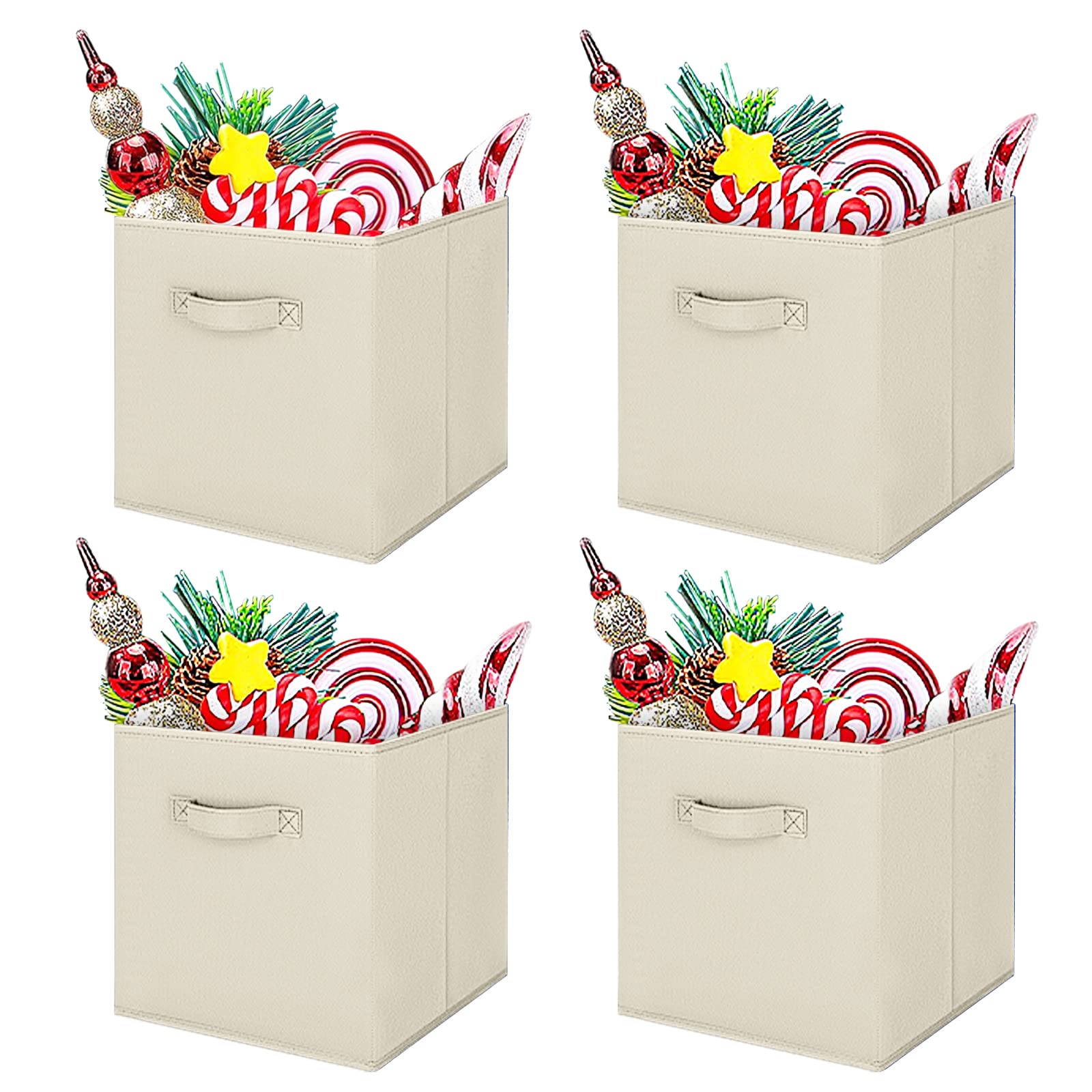 Holdfiturn 4 Pcs Cube Storage Box 27x27x28cm Collapsible Storage Cubes Foldable Fabric Storage Bins with Handles Tidy Clothes Organizer Open-Top Toys Box for Closet Shelves Drawer Bedroom (Beige)