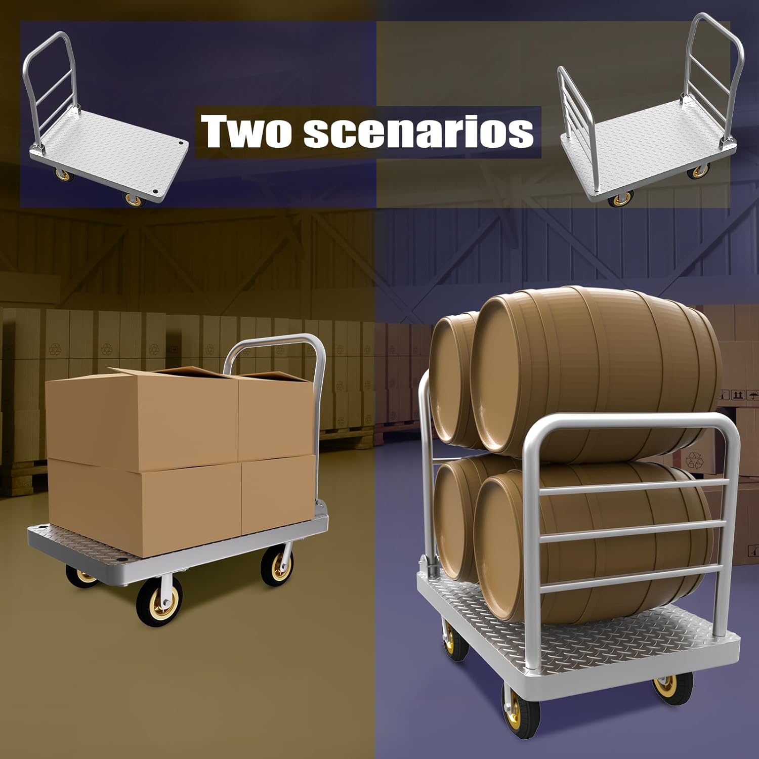 Similar 2IN1 48\"×24\" Platform Truck Cart 2650lbs Heavy Duty Flatbed Cart Dolly w/Detachable Rear Guardrail and Swivel Casters, Push Cart, Work Gloves 2Pairs & 1 Bunge Cord Included