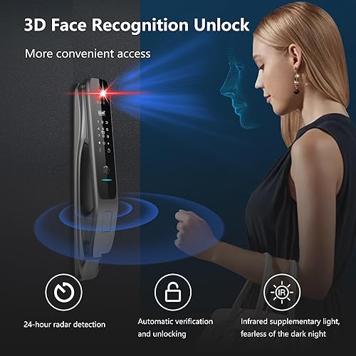 Miniatura 3 de Cerradura inteligente de video de reconocimiento facial 3D con cámara, cerradura inteligente de mortaja de entrada sin llave para puerta delantera,