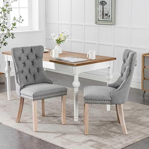 Miniatura 3 de Silla de comedor tapizada contemporánea sin brazos con patas de madera con diseño de cabeza de clavo, juego de 2, gris