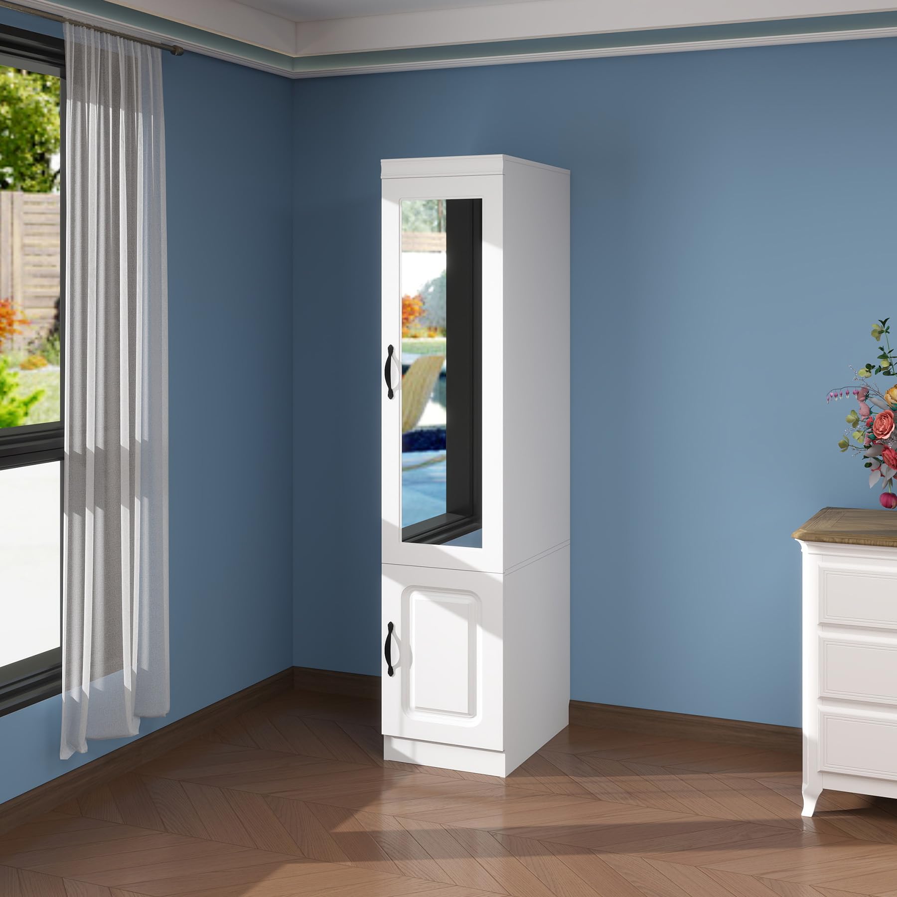 Nesbsakte White Armoire Wardrobe Closet with Mirror, 15.75" W x 20.47" D x 70.87" H, Storage Cabinet with Hanging Rod and Shelve, Modern Freestanding