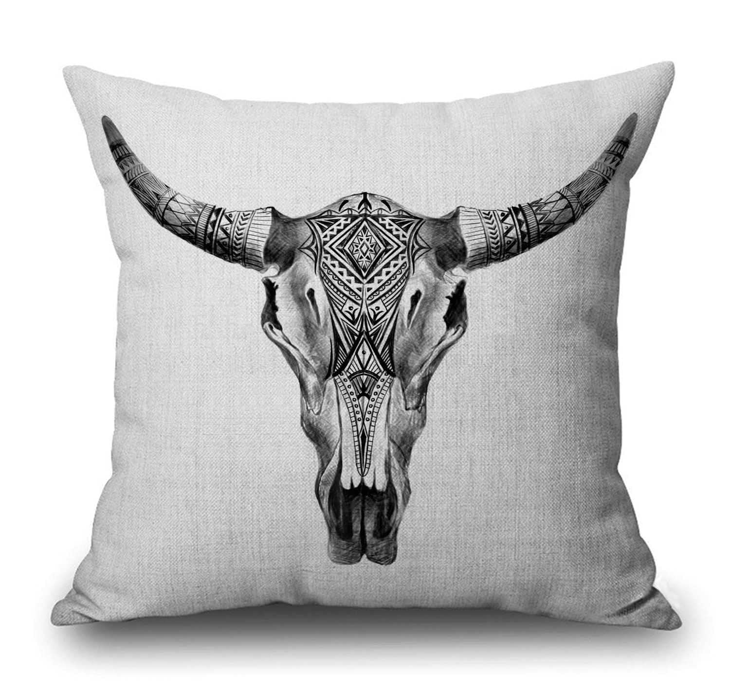 Solekla Longhorn Skull Cow Tribal Western Animals Farmhouse Pillow Cover Cotton Linen Decorative Square Throw Pillow Cover 18x18 Inch for Sofa Couch