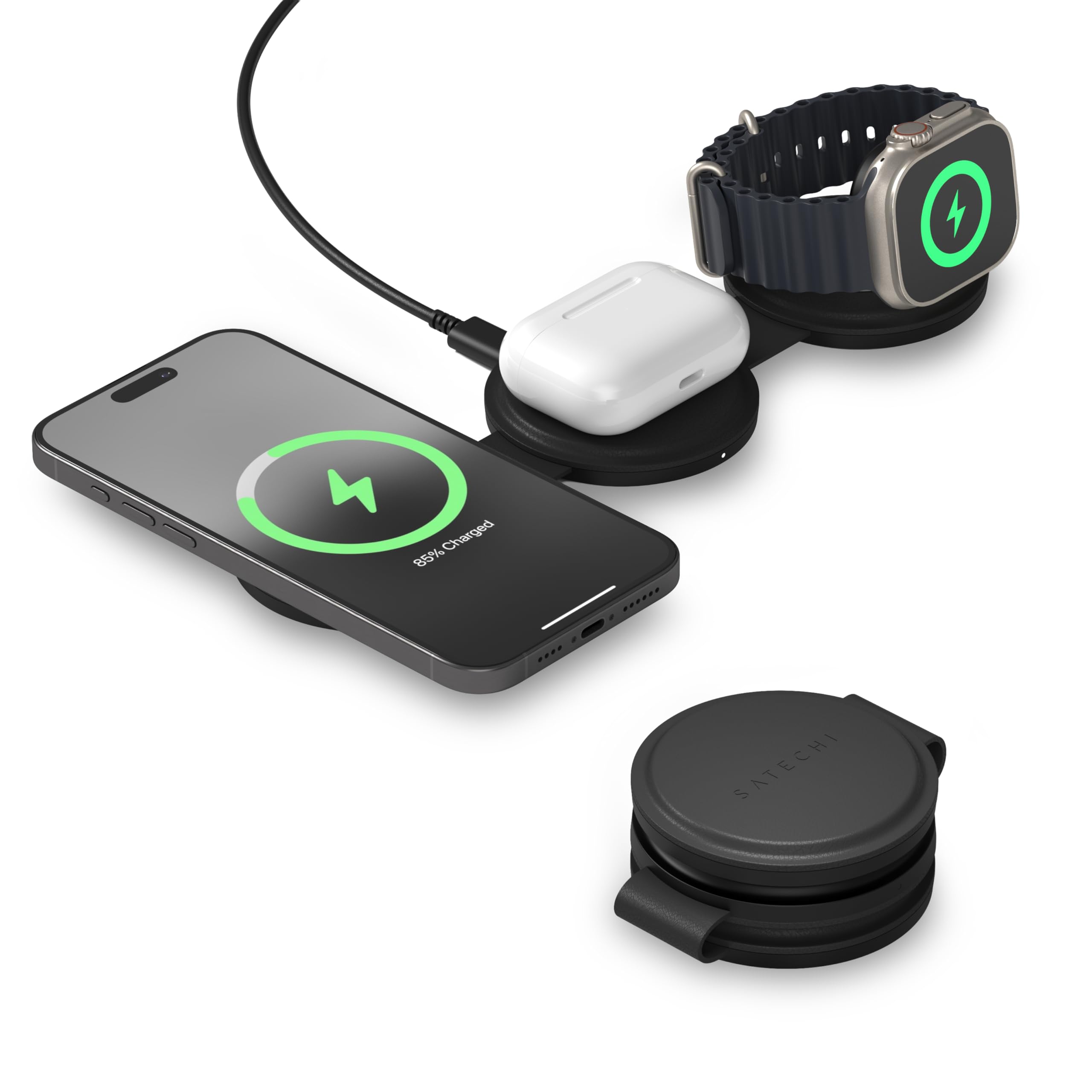 SATECHI OntheGo™ Caricatore Wireless Pieghevole 3 in 1, Stazione di Ricarica Rapida Qi2 15W per Serie iPhone 17 16 15 a 12, 5W per Apple Watch e AirPods, Caricatore a Induzione da Viaggio – Nero