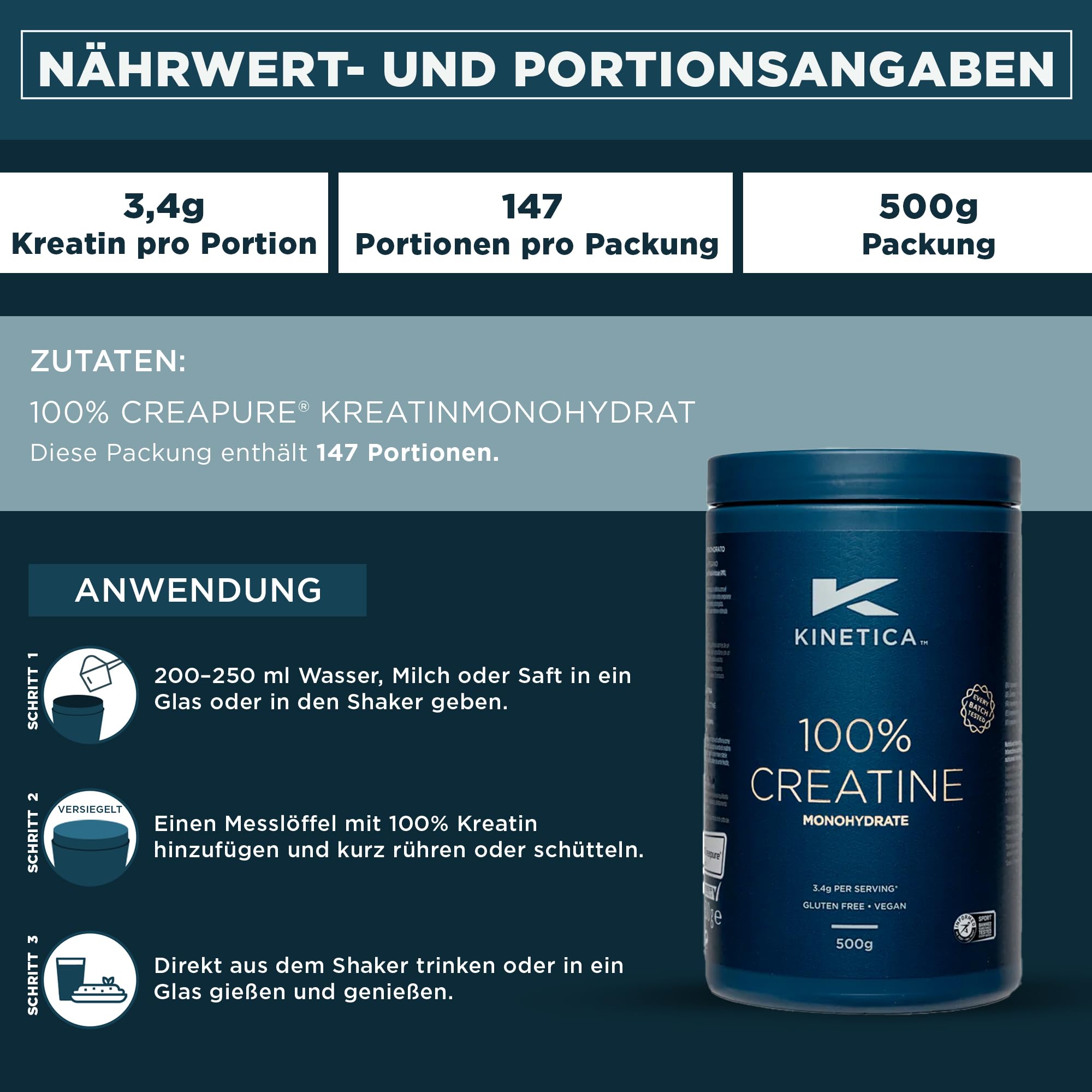 Kinetica Sports Creapure® 100% Kreatin Monohydrat Pulver - Geschmacksneutral | 3.4g Kreatin/Portion, 147 Portionen/500g Packung | Vegan & Glutenfrei | Unterstützt Leistungsfähigkeit & Muskelkraft