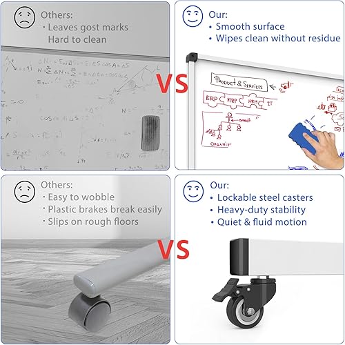 Miniatura 5 de Pizarra blanca de doble cara y corcho sobre ruedas, 48 x 32 pulgadas, pizarra magnética de borrado en seco con soporte de altura ajustable, pizarra