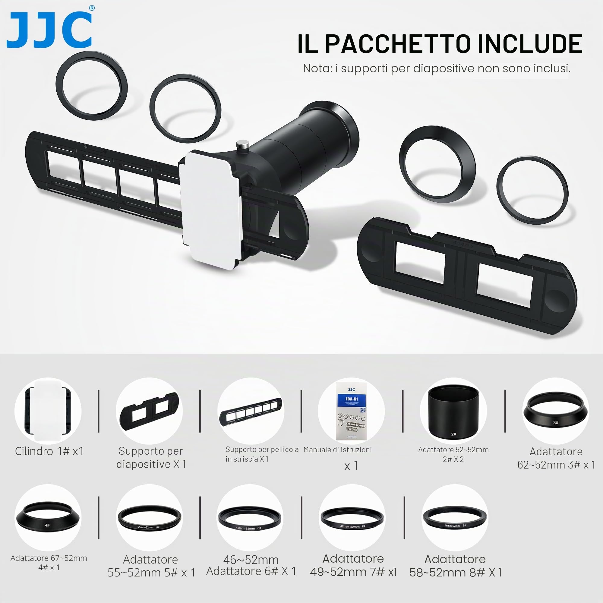 JJC Slide & Film Remake, Con 1 x 35 mm Slide Mount Supporto, 1 Striscia Film Holder e DSLR Barrael Lens Adapter per Copia Negativa, Scanner Negativo per Nikon D850 ES-2