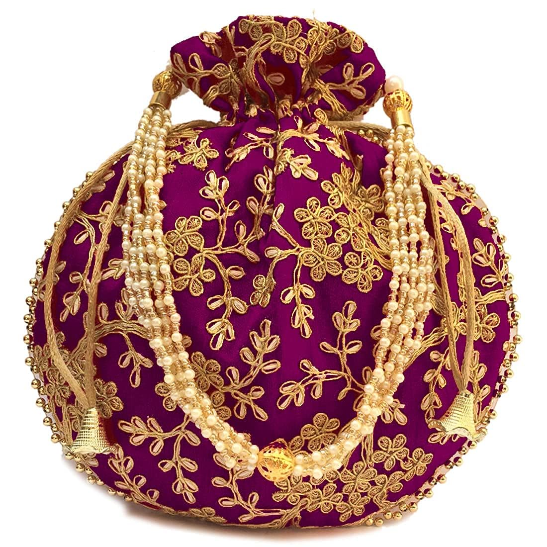 EkavyaPotli Bag For Women With Intricate Gold Thread & Sequin Ethnic Designer Embroidery Work Batwa Pearls Handle