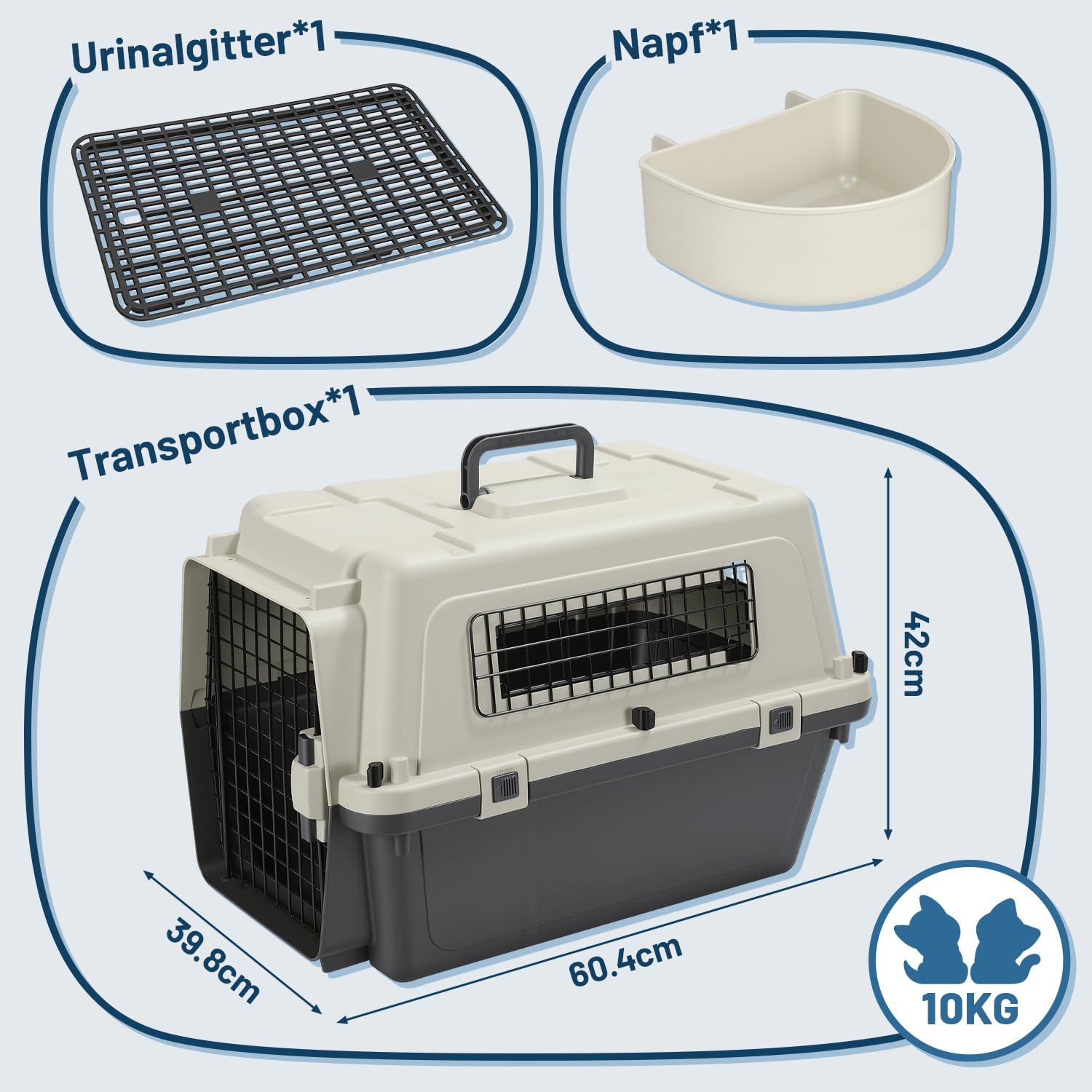 Pet Transportbox für Katzen, kleine Hunde & Nagetiere bis 10 kg, 60,4x42x39,8 cm, Leichte Hundetransportbox mit Metallgitter, Inkl. Grundausstattung