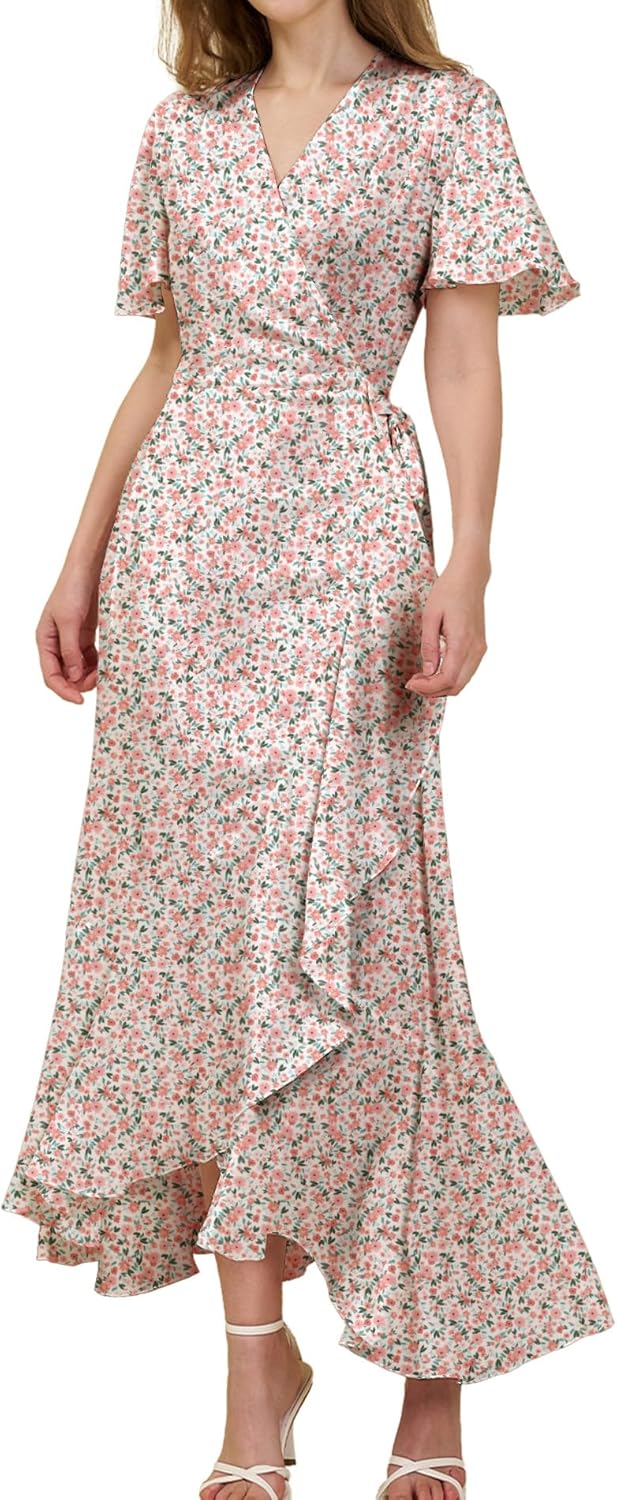 Women's Bohemian Floral Wrap Maxi Dress 2025 Summer Split Short Sleeve Boho Belted Flowy Dresses with Pockets