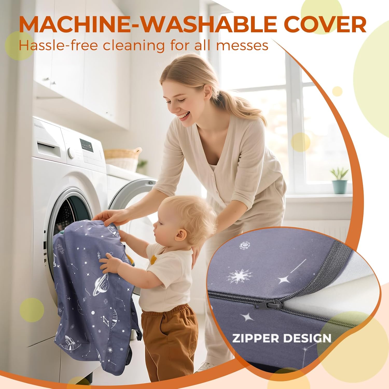 FRUITEAM 3-in-1 Portable Toddler Travel Bed, Flip Open Sofa Lounger with High-Density Foam for Camping & Indoor/Outdoor Use, Convertible Machine Washable Space Planet Galaxy Print Cover, Gray