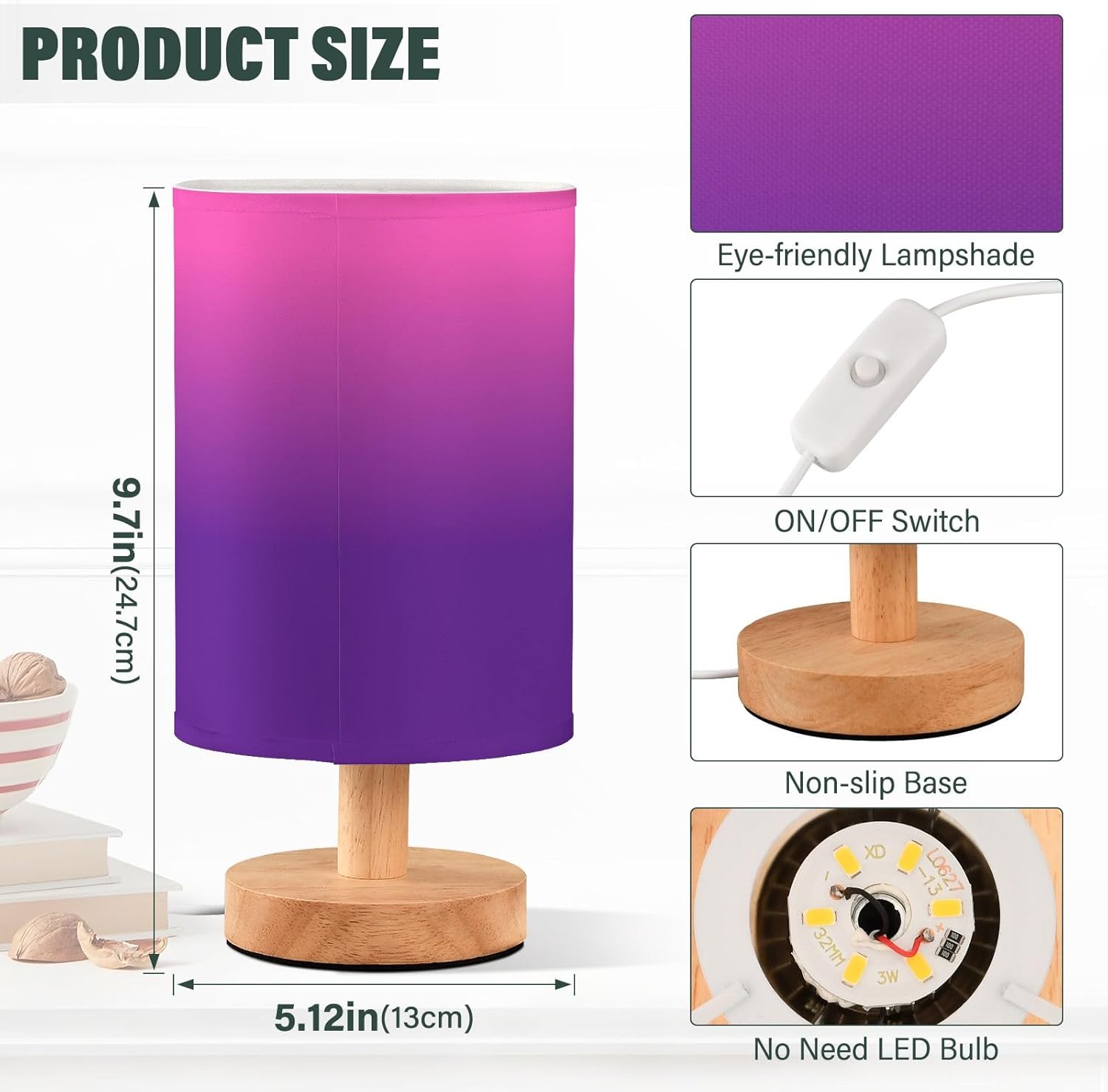 CHIFIGNO Pink Purple Gradient Lamps for Living Room End Tables - Small Lamps for Nightstand Table Lamps with USB Ports, Night Lamp for Office Desk, LED Bulb Included
