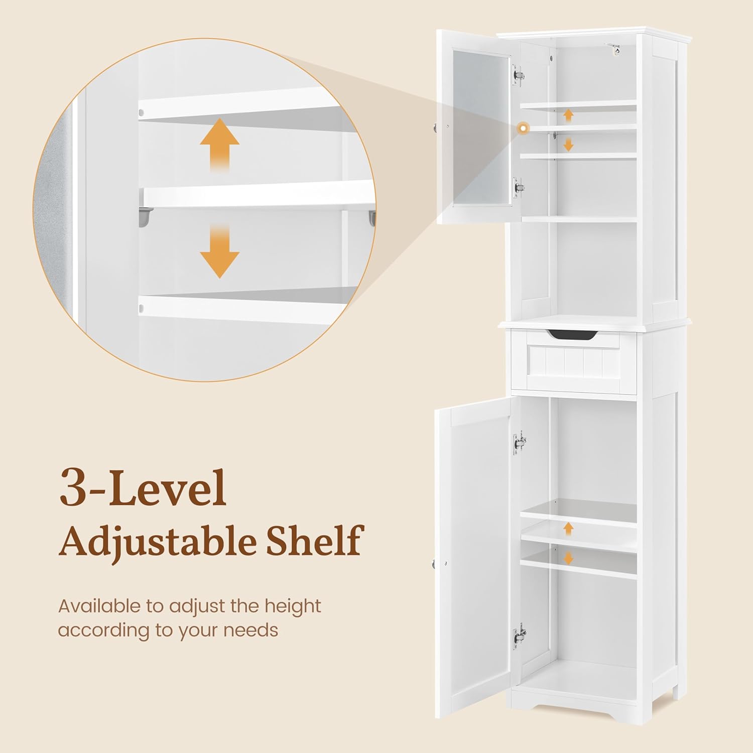 Yaheetech 67”Tall Bathroom Storage Cabinet,Narrow Floor Cabint with 2 Doors and 1 Drawer,Slim Bathroom Organizers,Adjustable Shelves,Storage Unit for Living Room, Entryway,Kitchen,White