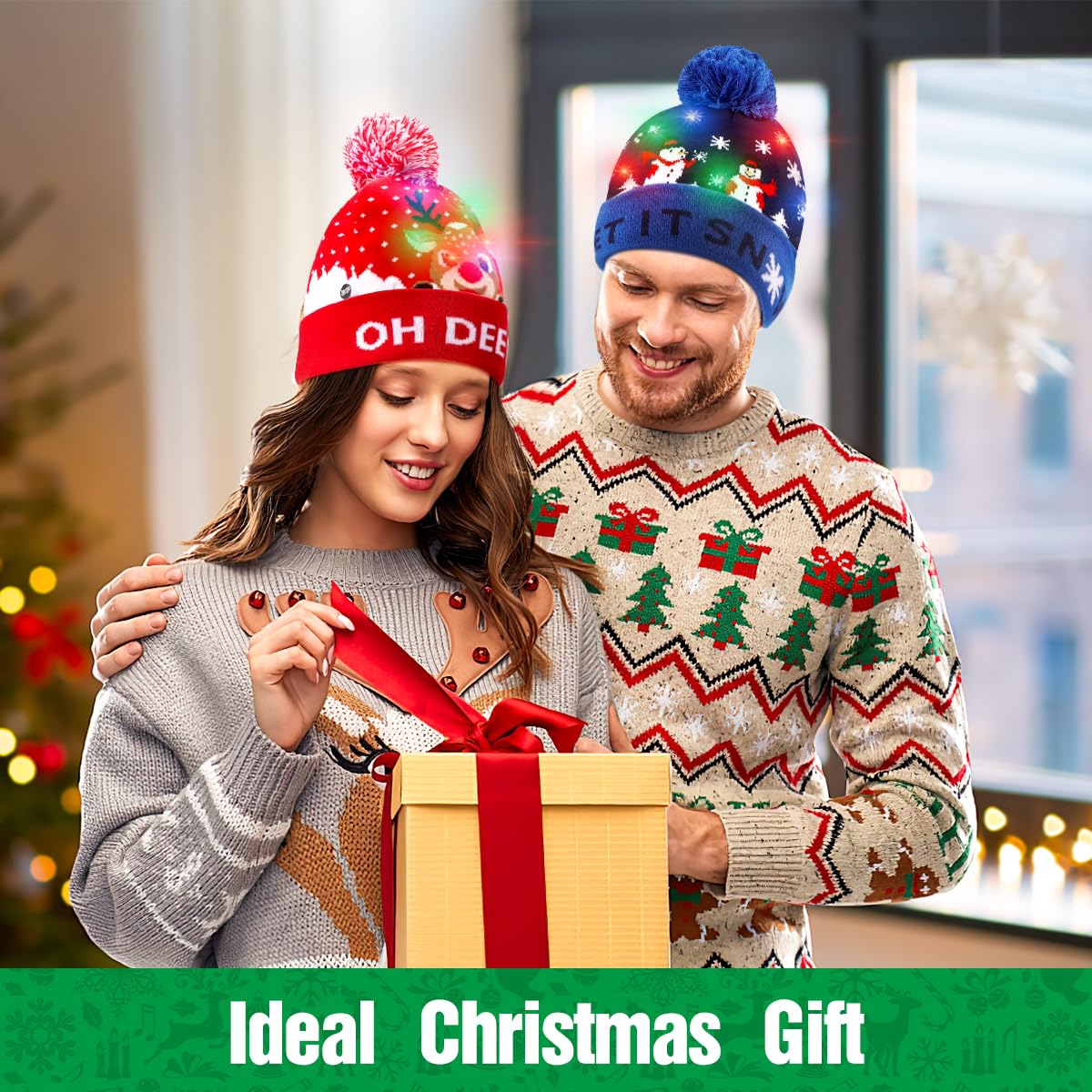 Sombrero de Navidad de punto LED, 2 piezas de gorro de Navidad Gorro de invierno, nieve, vacaciones, para niños, hombres, mujeres, niños, niñas, festival de Navidad, fiesta de cumpleaños