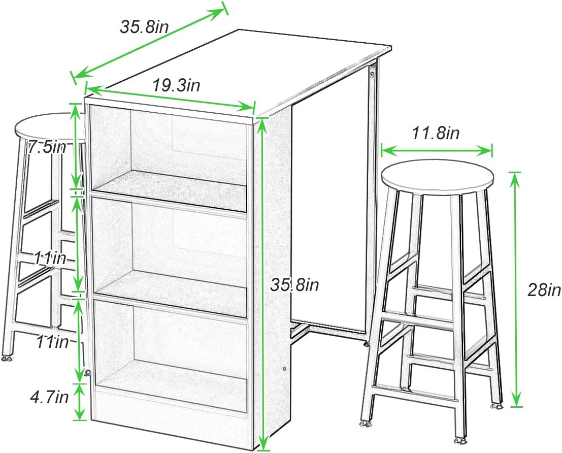 Detailed dimensions diagram of the bar table and stools