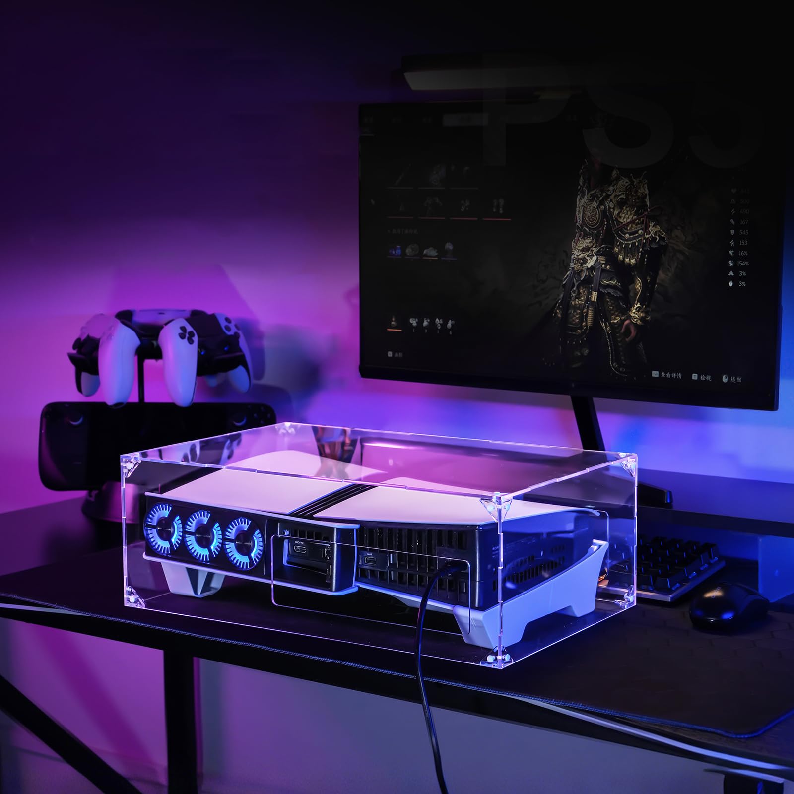 HTU Przezroczysta pozioma osłona przeciwpyłowa na konsolę do gier z akrylu, otwarty z boku, poziomy uchwyt wentylatora do 5 Pro/Slim Digital & Disc Edition
