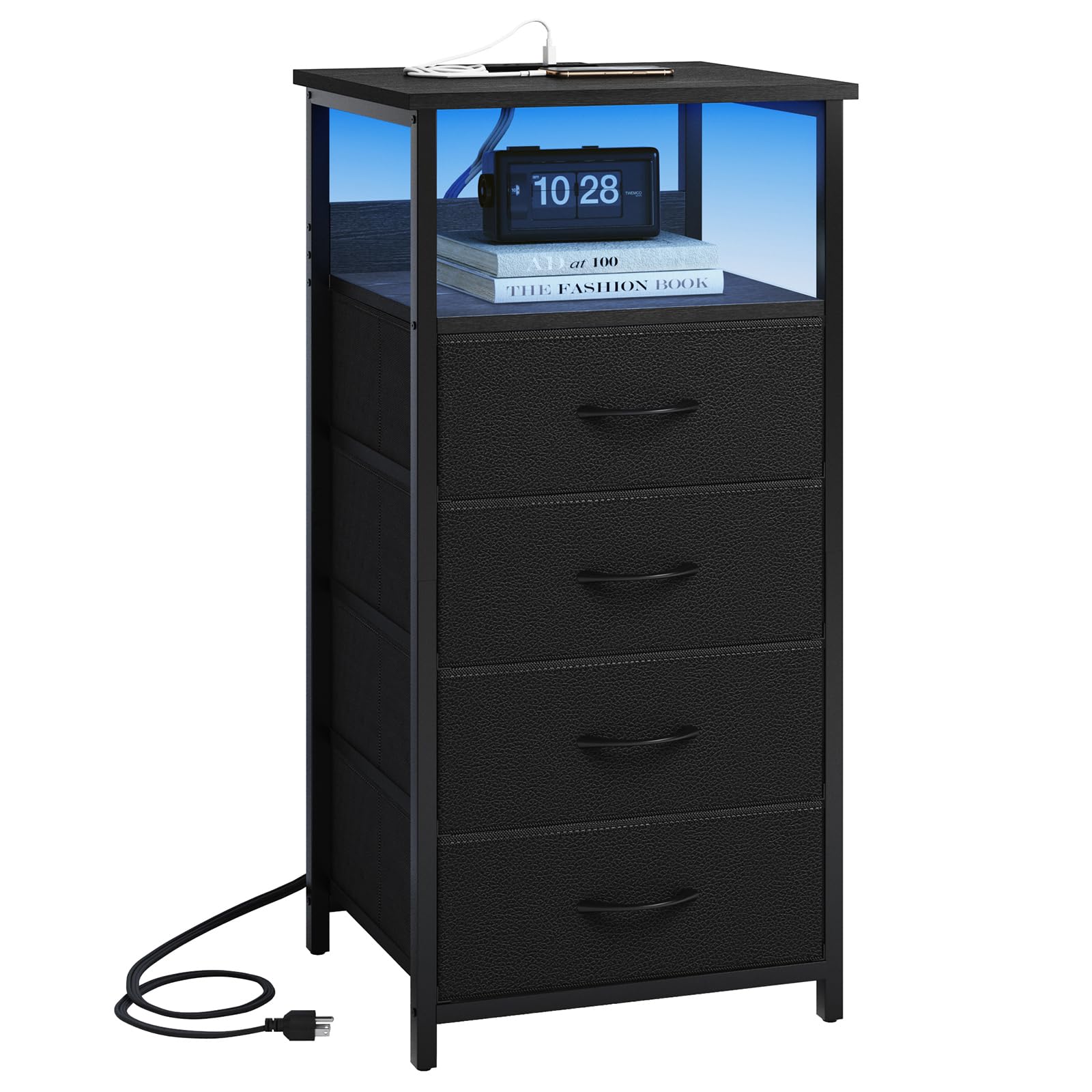Fixwal Night Stand with Charging Station, Tall Nightstand with U-S-B Ports and Outlets, 4 Fabric Storage Drawers with PU Finish, Small Dresser Bed Side Table, Black