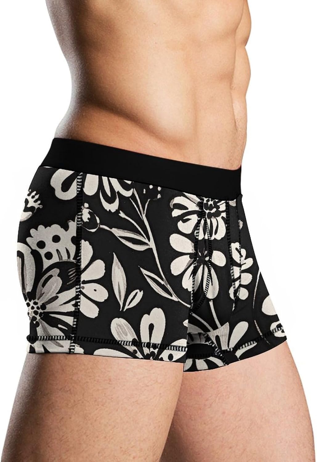 Black And White Floral Print Mens Boxer Briefs Short Breathable Underwear Trunks Soft Moisture-Wicking Boxer Shorts Novelty Underpants M