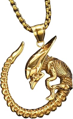 Hip Hop Mens Gothic Stainless Steel Ghost Alien Movie Character Pendant Punk Warrior Alien Goth Horror Giger Pendant Aliens Predator Necklace, 24 inch Chain