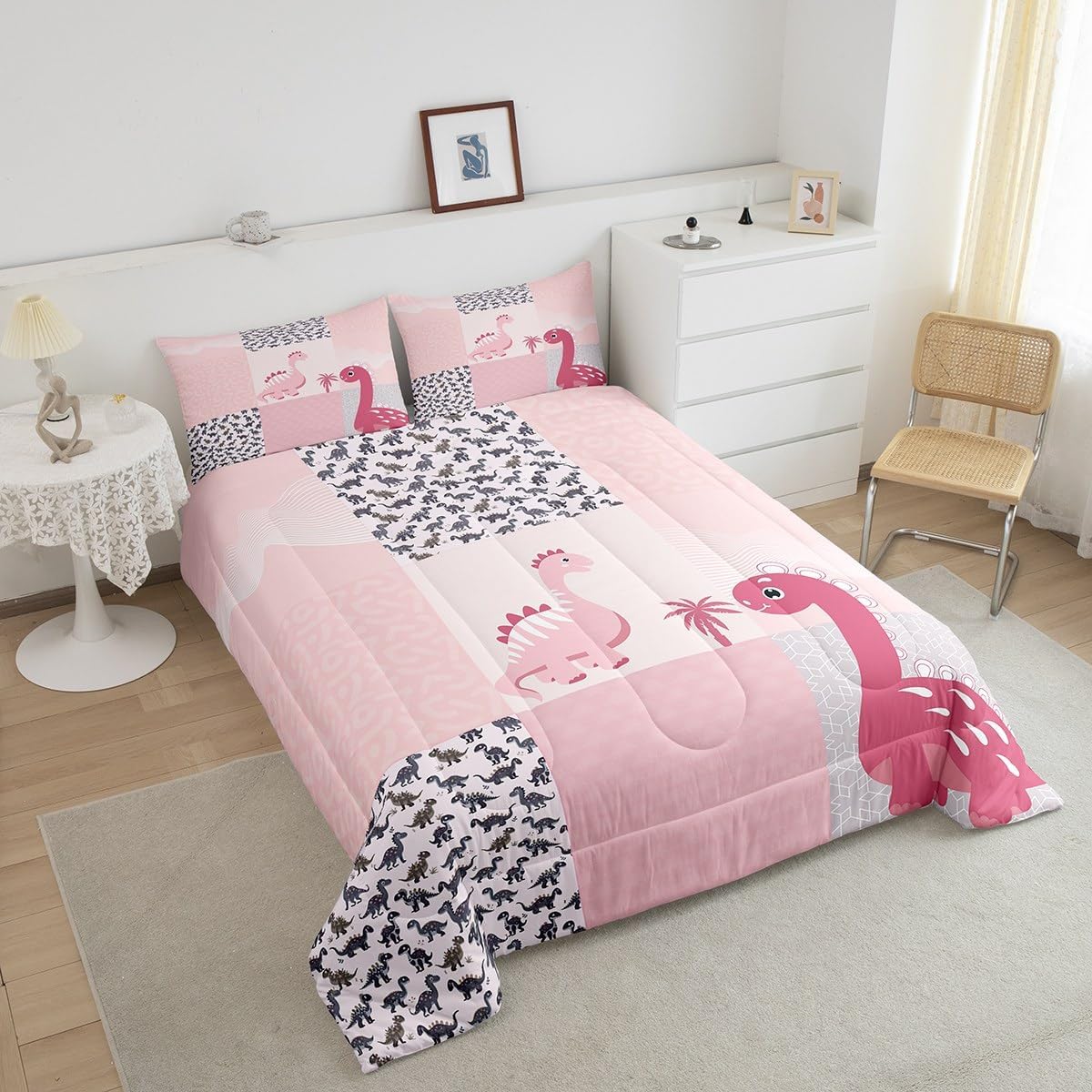 Feelyou Cute Dinosaur Bedding Set for Kids Boys Girls Geometric Comforter Twin Size Cartoon Wildlife Comforter Set Pink Quilt Set 2Pcs