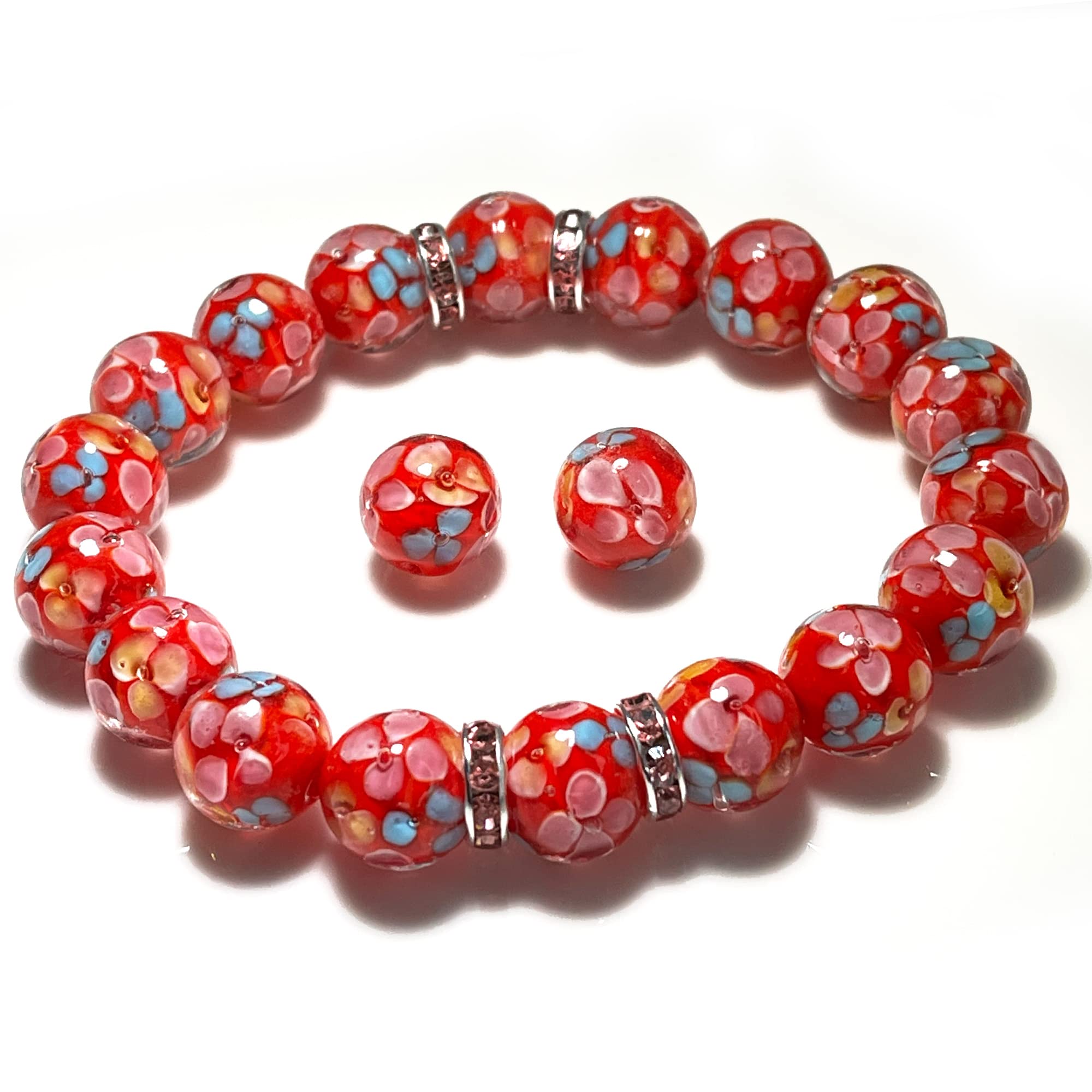 Artsy Crafts 24 szt., 12 mm, lampka, szklane koraliki, europejskie koraliki Maruno, ręcznie robione luźne kryształowe koraliki do produkcji biżuterii, bransoletka, naszyjnik, kolczyki, różaniec (czerwony)