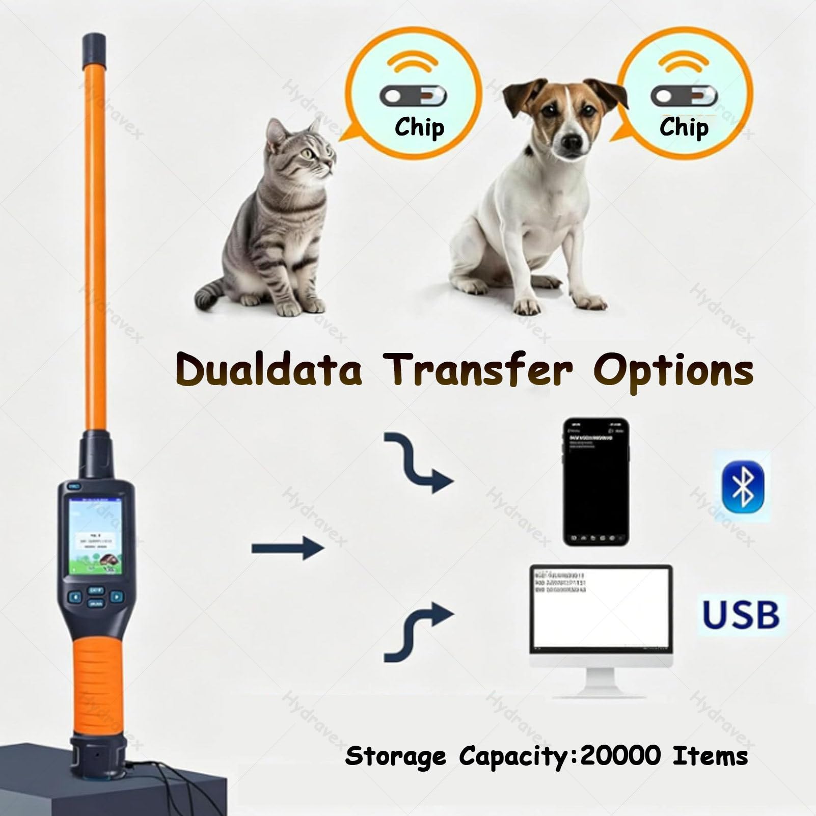 Scanner portatile per microchip auricolari di cani e gatti, con capacità di memorizzazione fino a 20.000 dati e spegnimento automatico dopo 30 secondi. Ideale per allevamenti, rifugi e proprietari